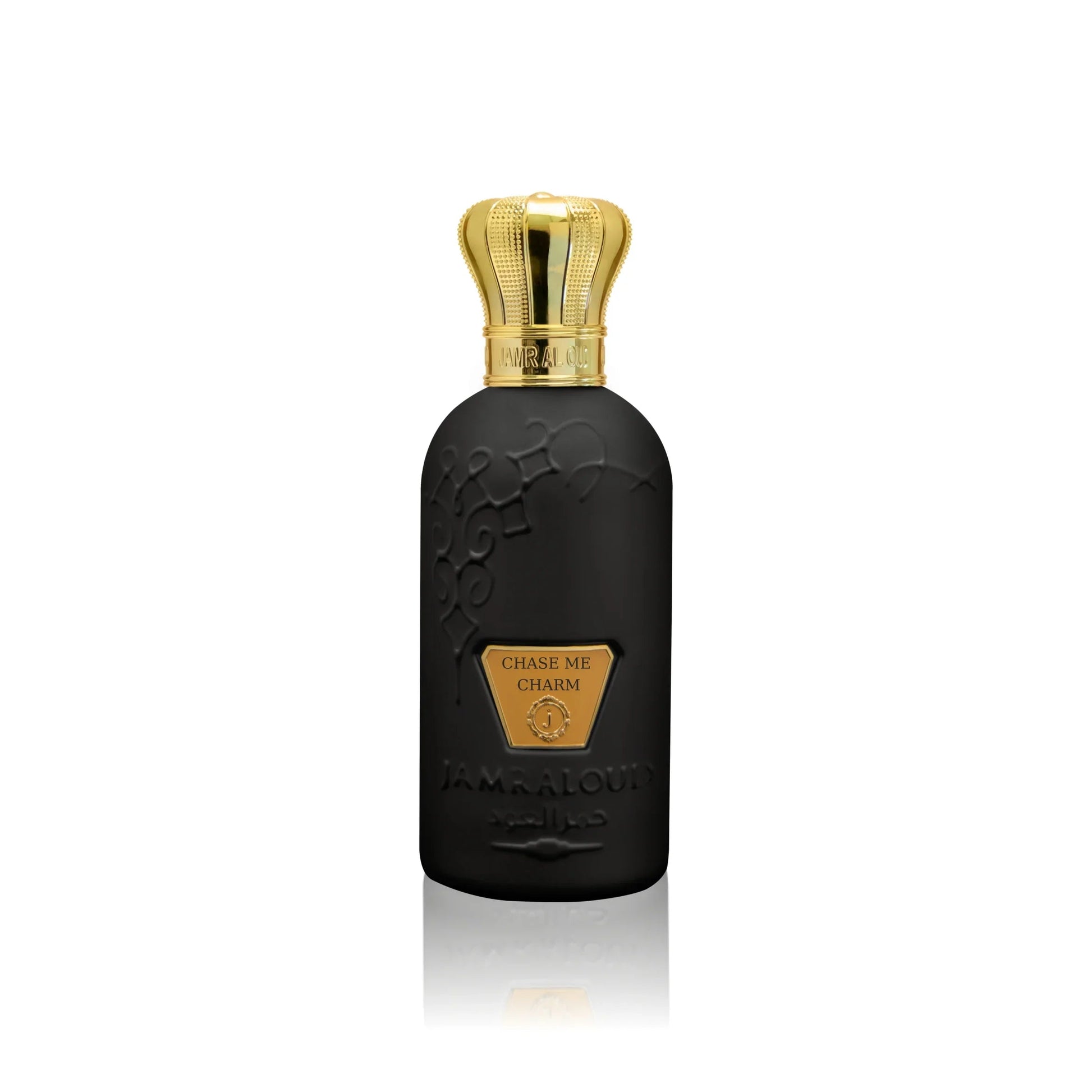 Jamr Al Oud Chase Me Charm luxury black perfume bottle with gold crown cap