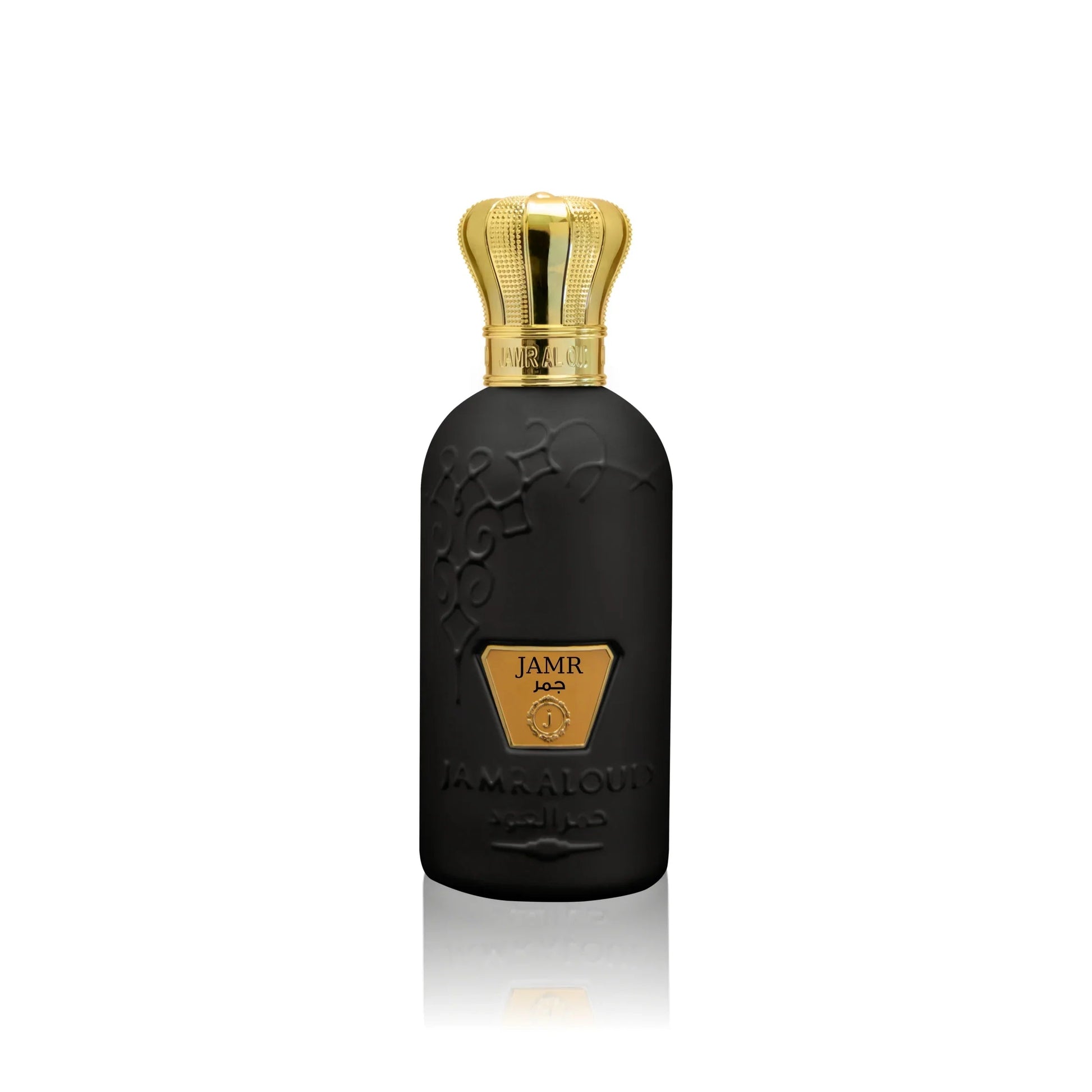 Jamr Al Oud luxury black perfume bottle with gold crown cap, elegant French oriental scent