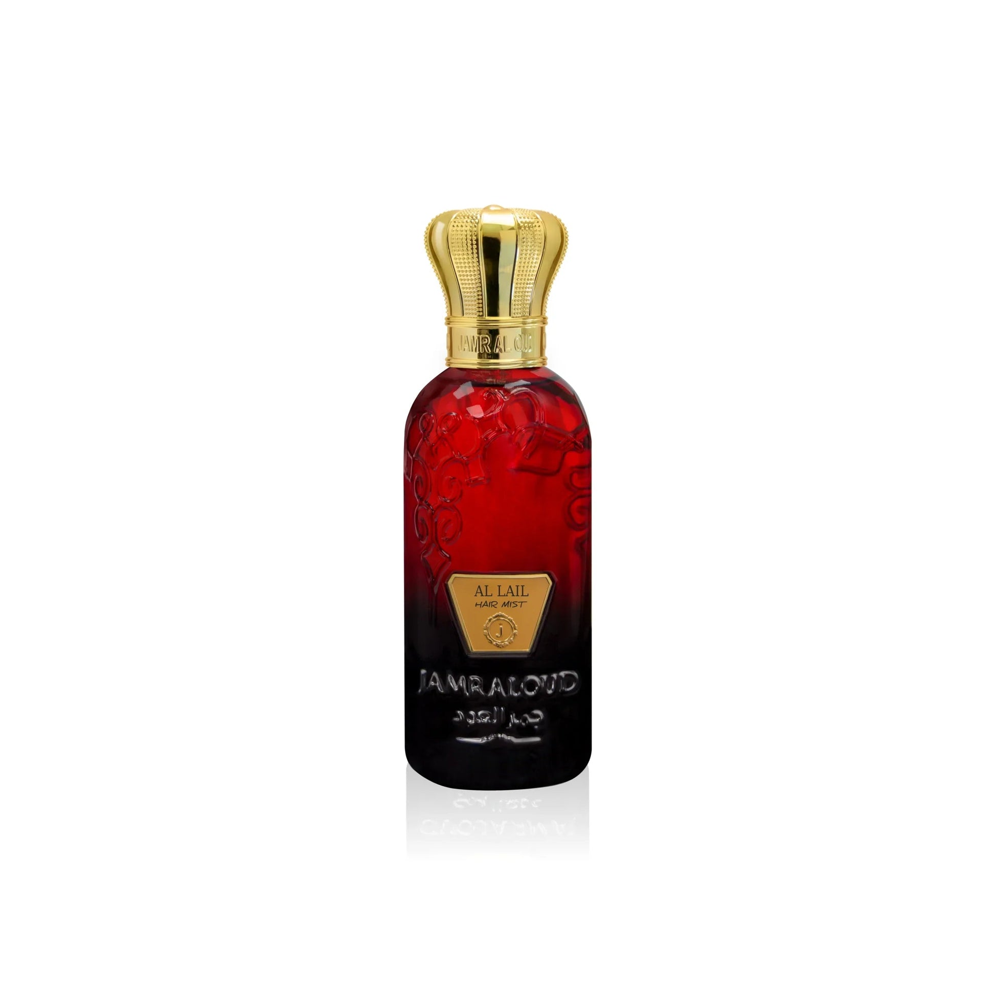 Jamr Al Oud Al Lail luxury perfume bottle with gold cap and red-black glass design