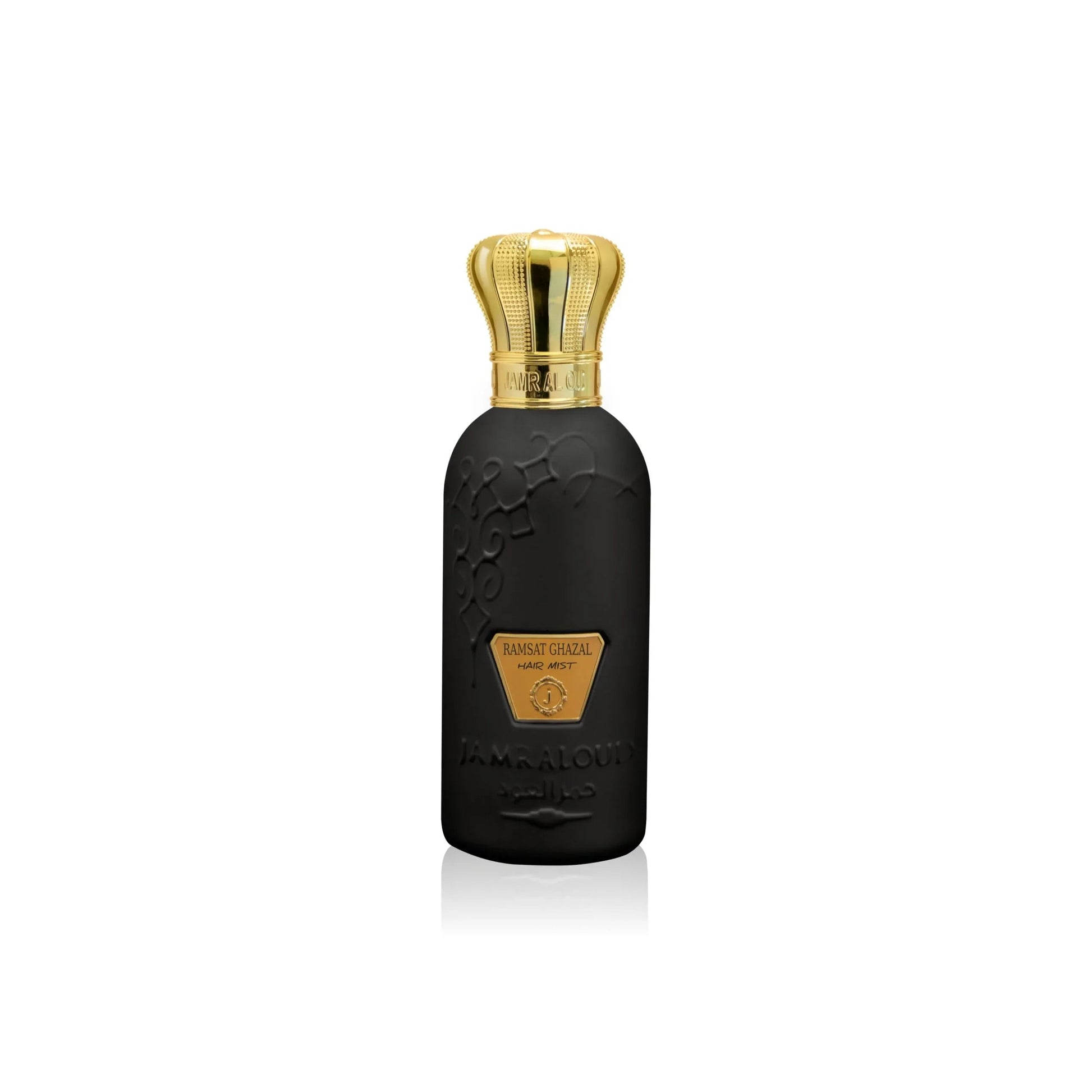 Jamr Al Oud Ramat Ghazal hair mist luxury black bottle with gold crown cap