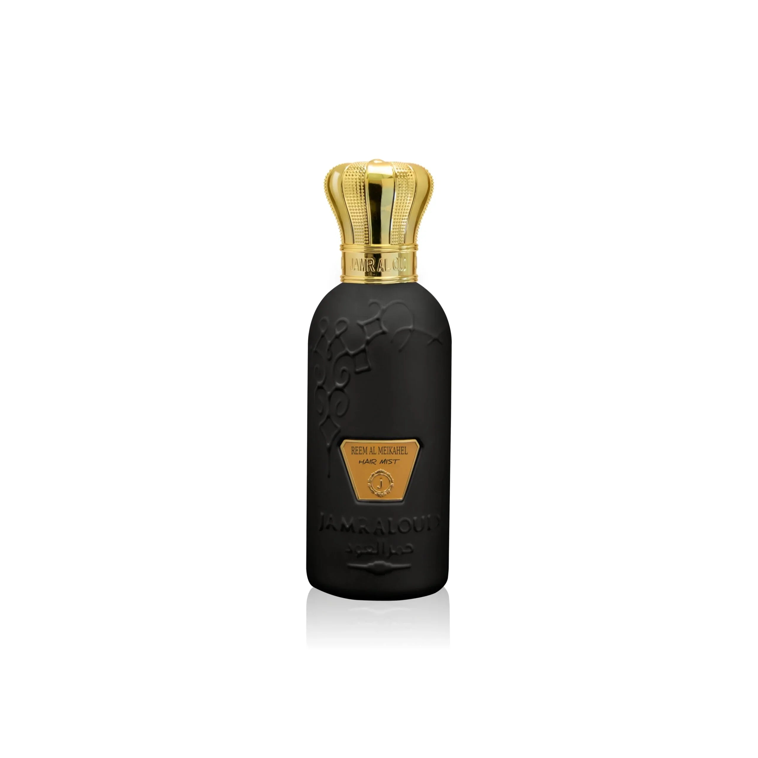 Jamr Al Oud luxury black perfume bottle with gold crown cap and embossed design