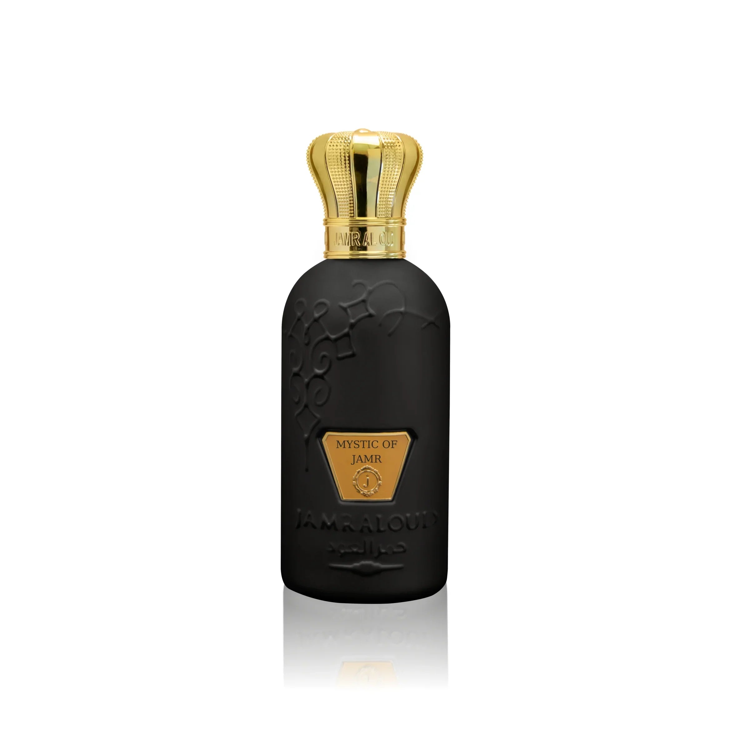 Mystic of Jamr perfume bottle by Jamr Al Oud, matte black with gold crown cap