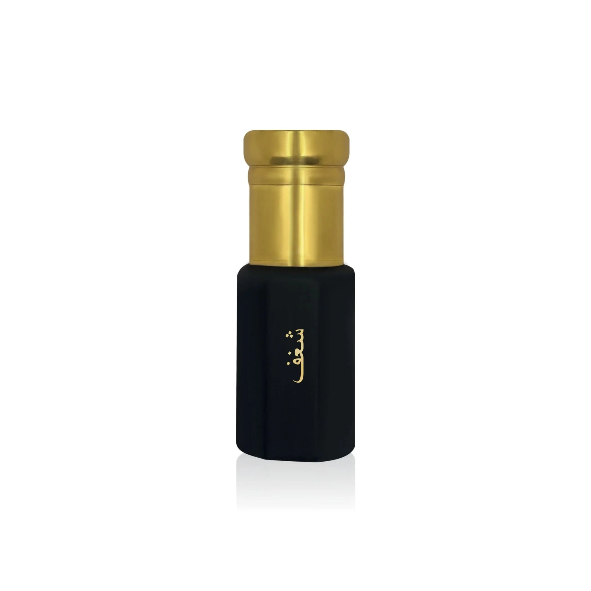 Luxury Jamr Al Oud black perfume bottle with gold cap and Arabic script on white background
