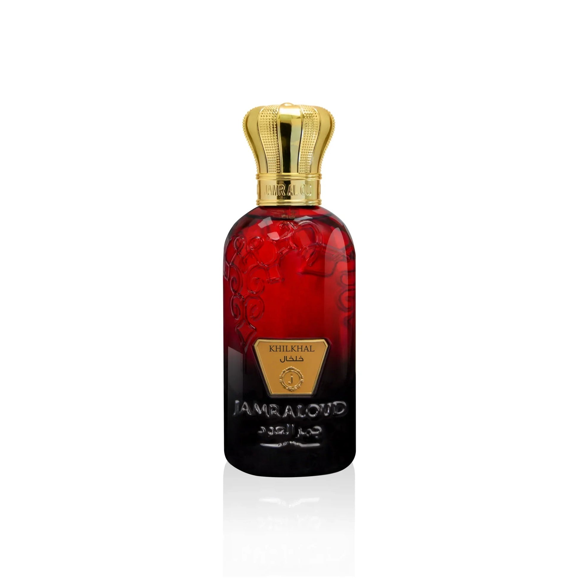 Jamr Al Oud Khil Khal luxury red perfume bottle with gold cap on white background