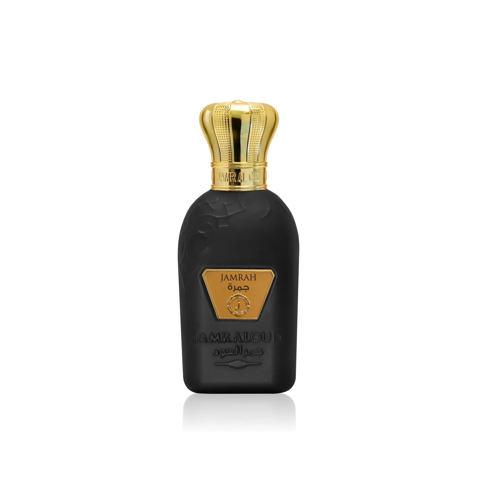 Jamr Al Oud luxury black perfume bottle with gold crown cap on white background