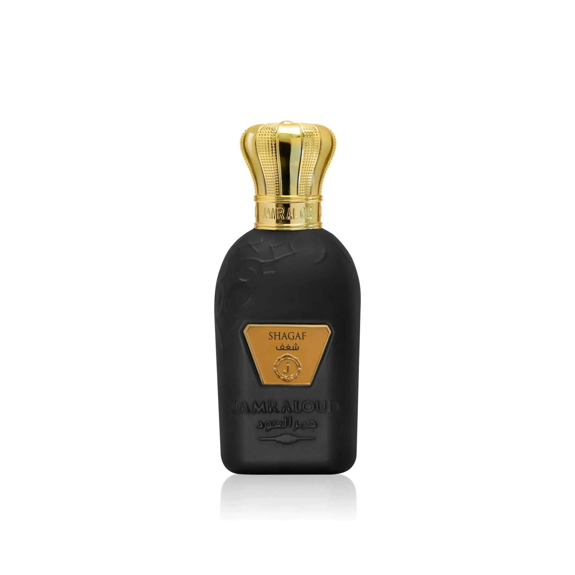 Jamr Al Oud Shagaf perfume bottle with gold crown cap on white background