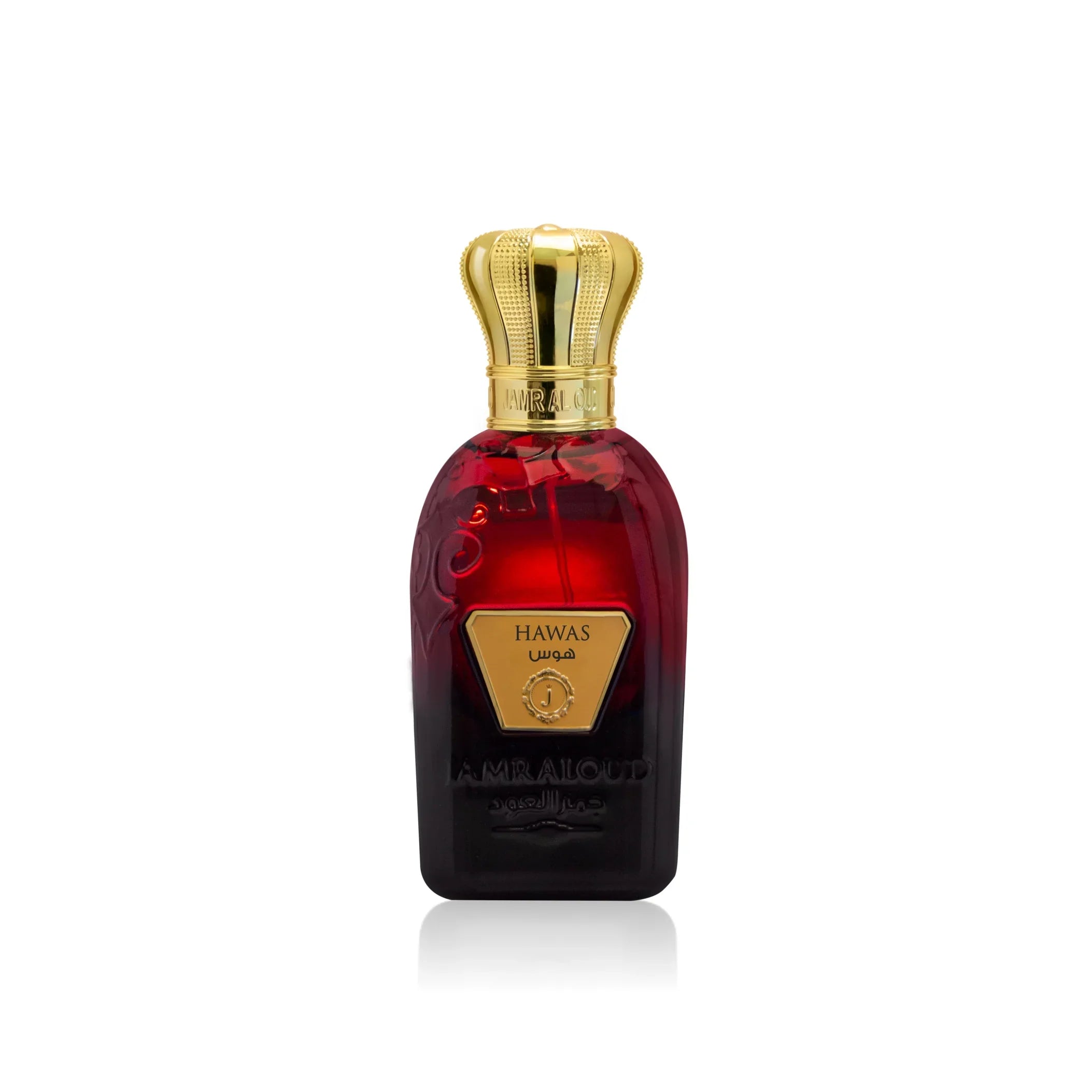 Jamr Al Oud Hawas perfume bottle with gold crown cap and dark red glass, luxury fragrance