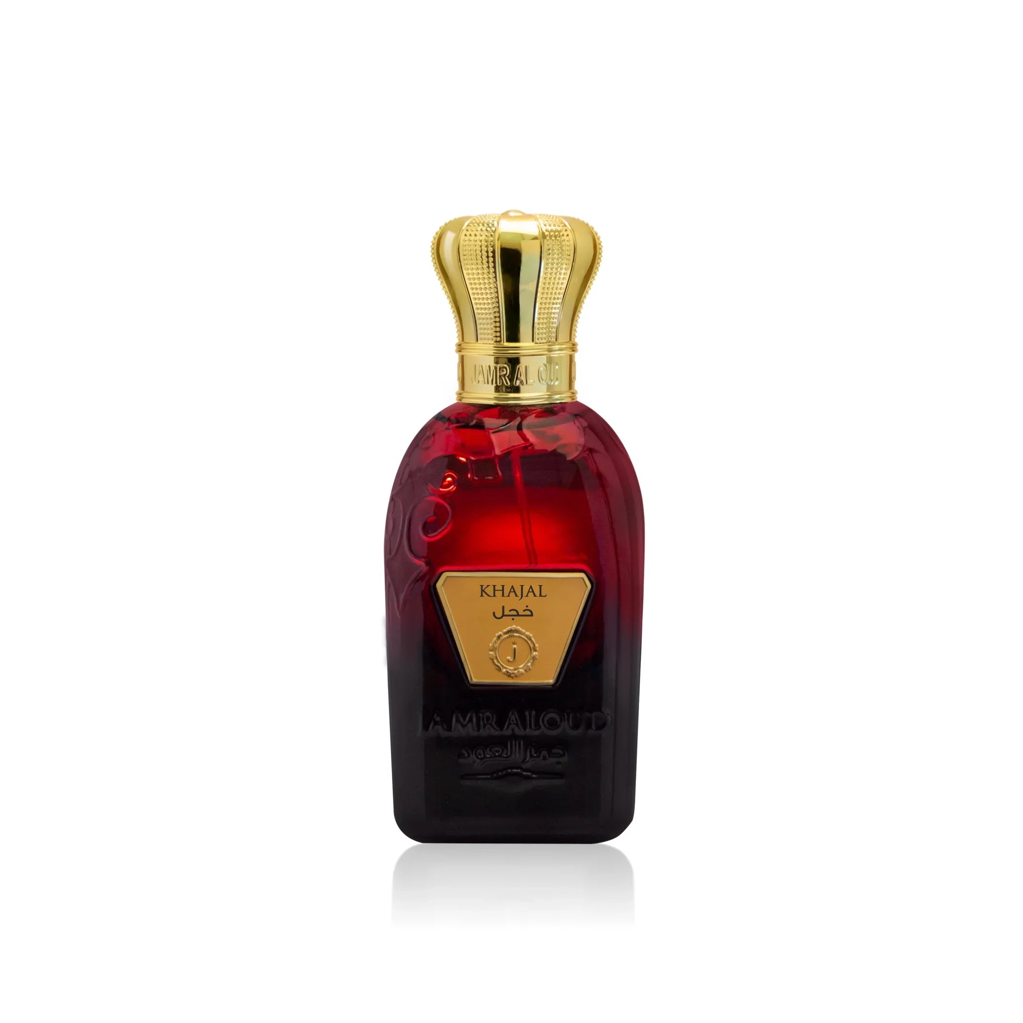 Jamr Al Oud Khajal perfume bottle with gold crown cap and red glass, luxury fragrance
