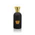 Topaz luxury perfume bottle by Jamr Al Oud, matte black with gold crown cap, on white background