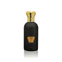 Topaz luxury perfume bottle by Jamr Al Oud, matte black with gold crown cap, on white background