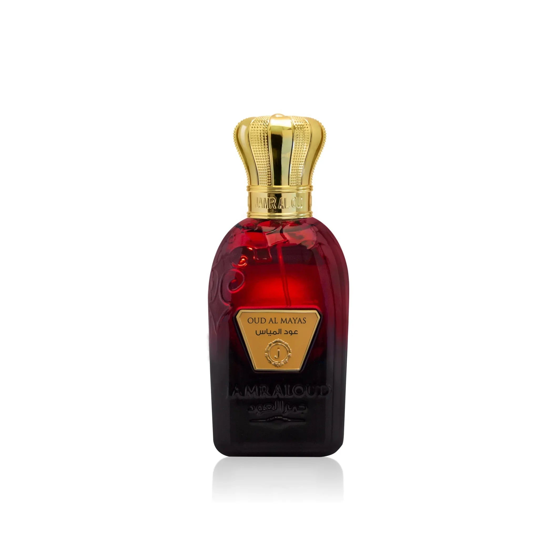 Oud Al Mayas luxury perfume bottle with gold crown cap from Jamr Al Oud Perfume House