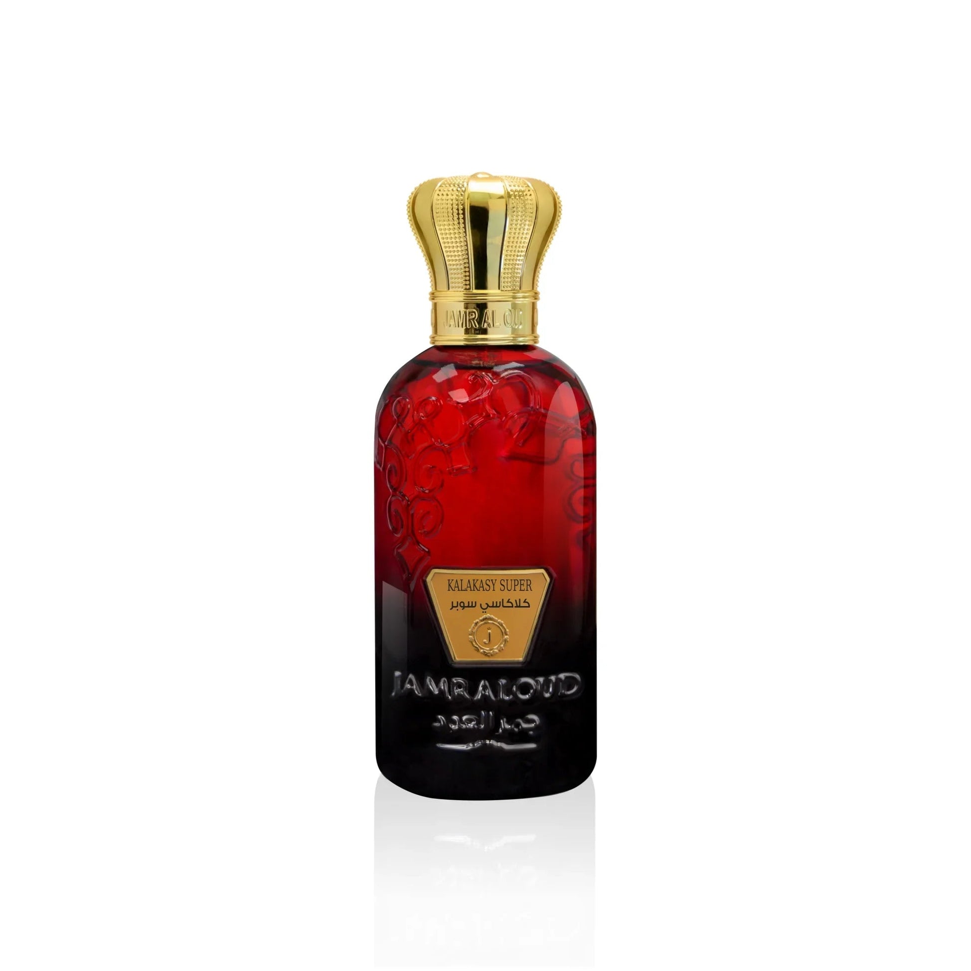 Jamr Al Oud Kalakasy Super perfume bottle with gold crown cap on white background