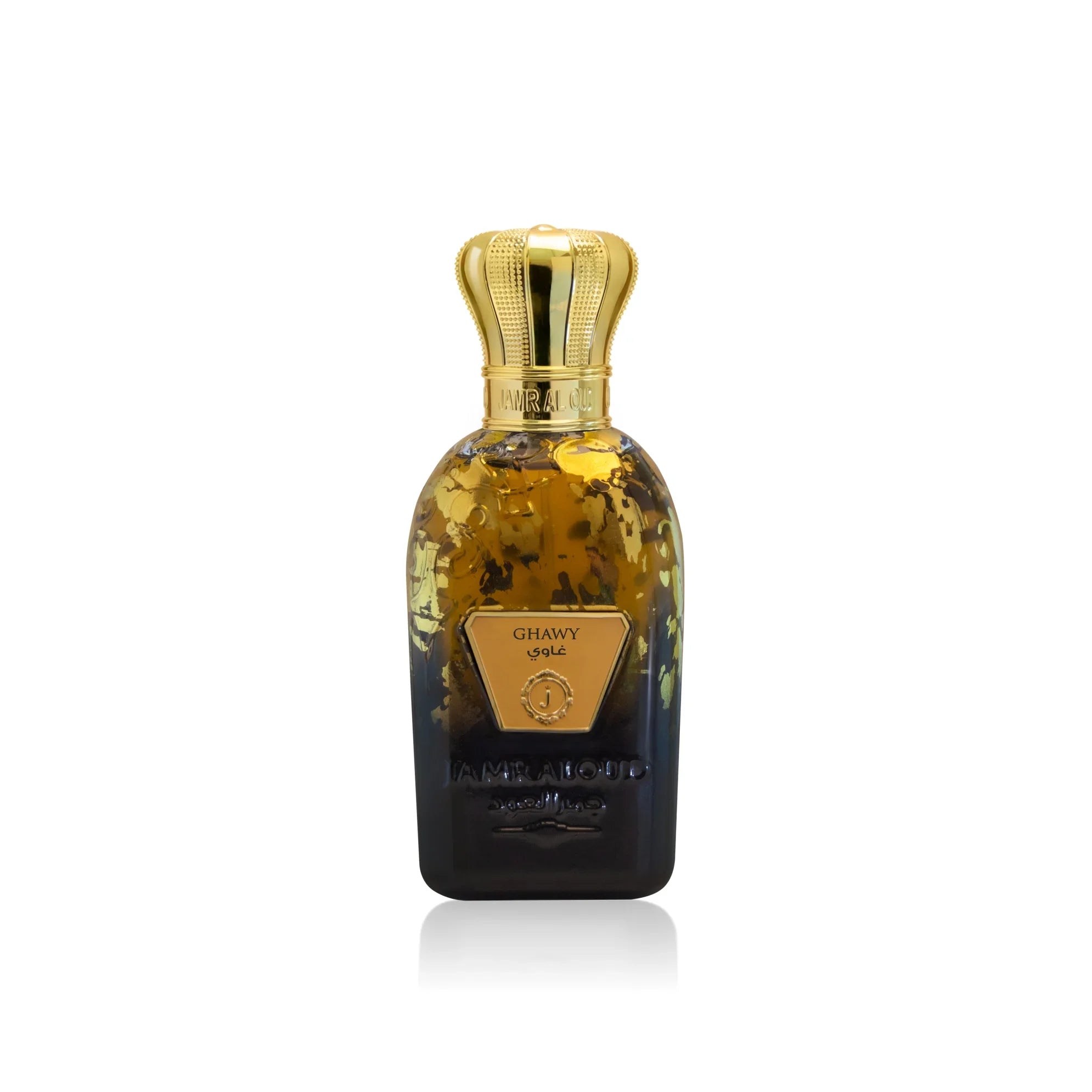 Jamr Al Oud Ghawy luxury perfume bottle with gold crown cap and elegant detailing