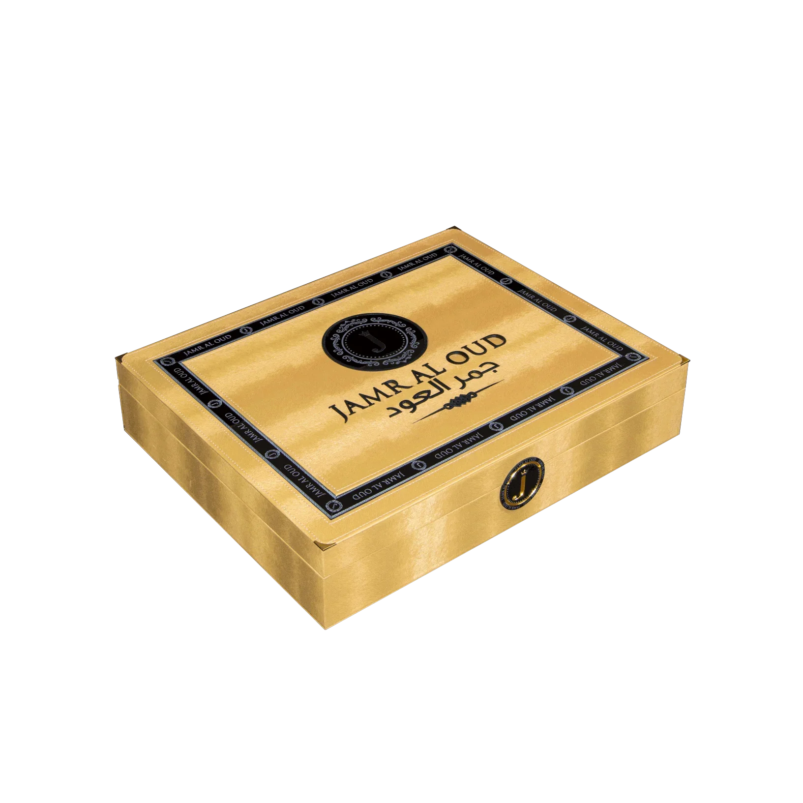 Luxury gold Jamr Al Oud perfume gift box with elegant logo and branding