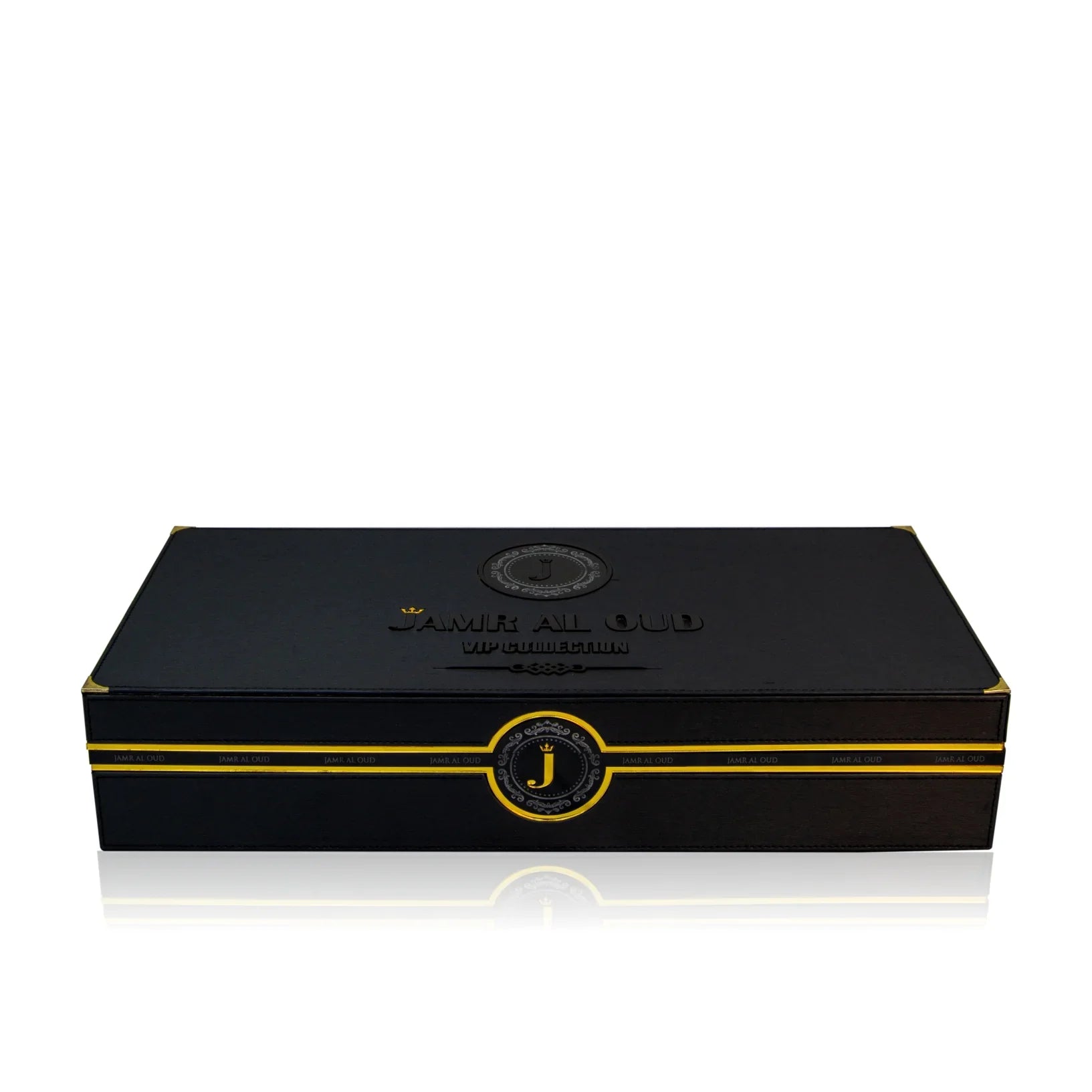 Jamr Al Oud luxury black perfume gift box with gold accents and logo, elegant packaging