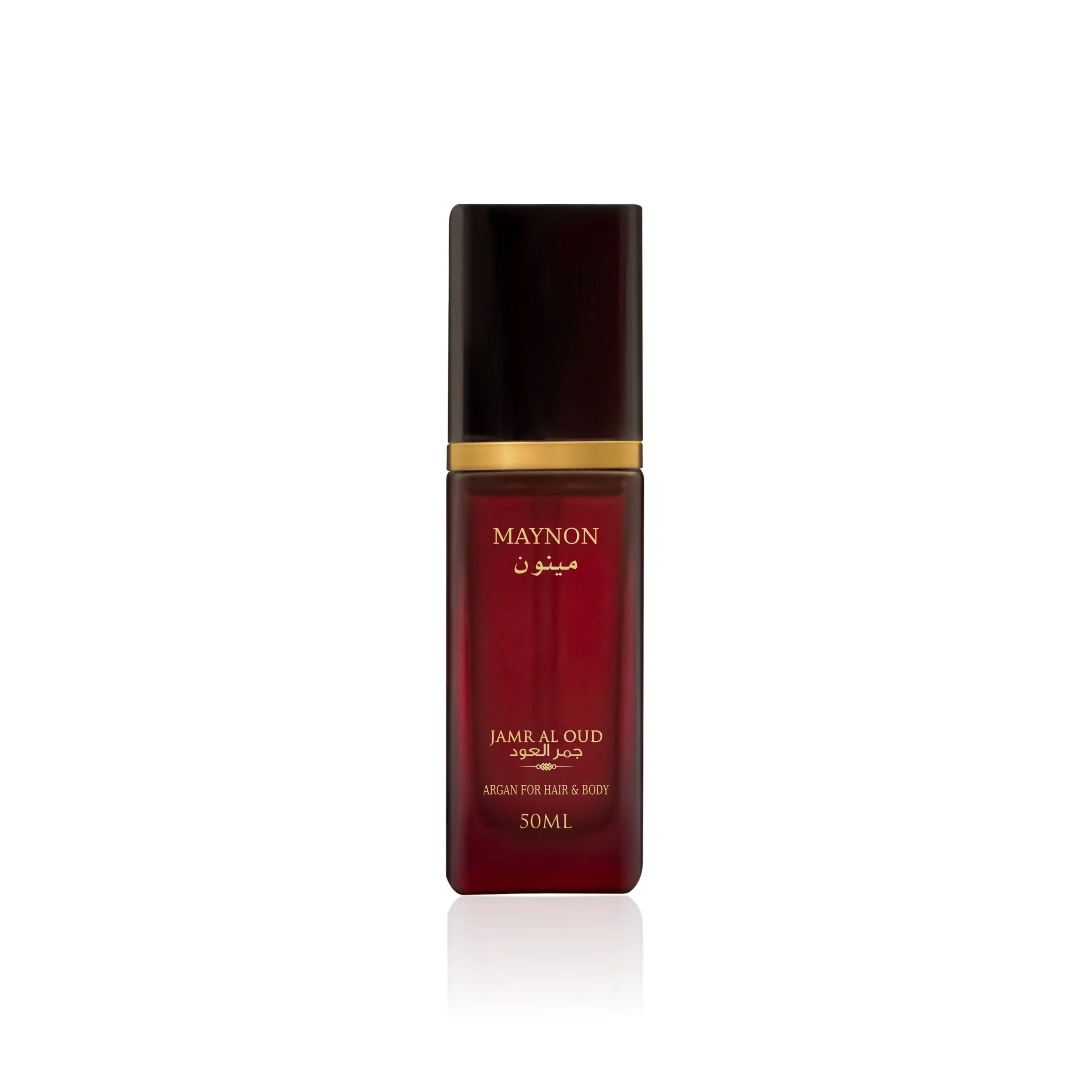 Maynon Jamr Al Oud luxury perfume bottle, 50ml, with gold accents on a white background