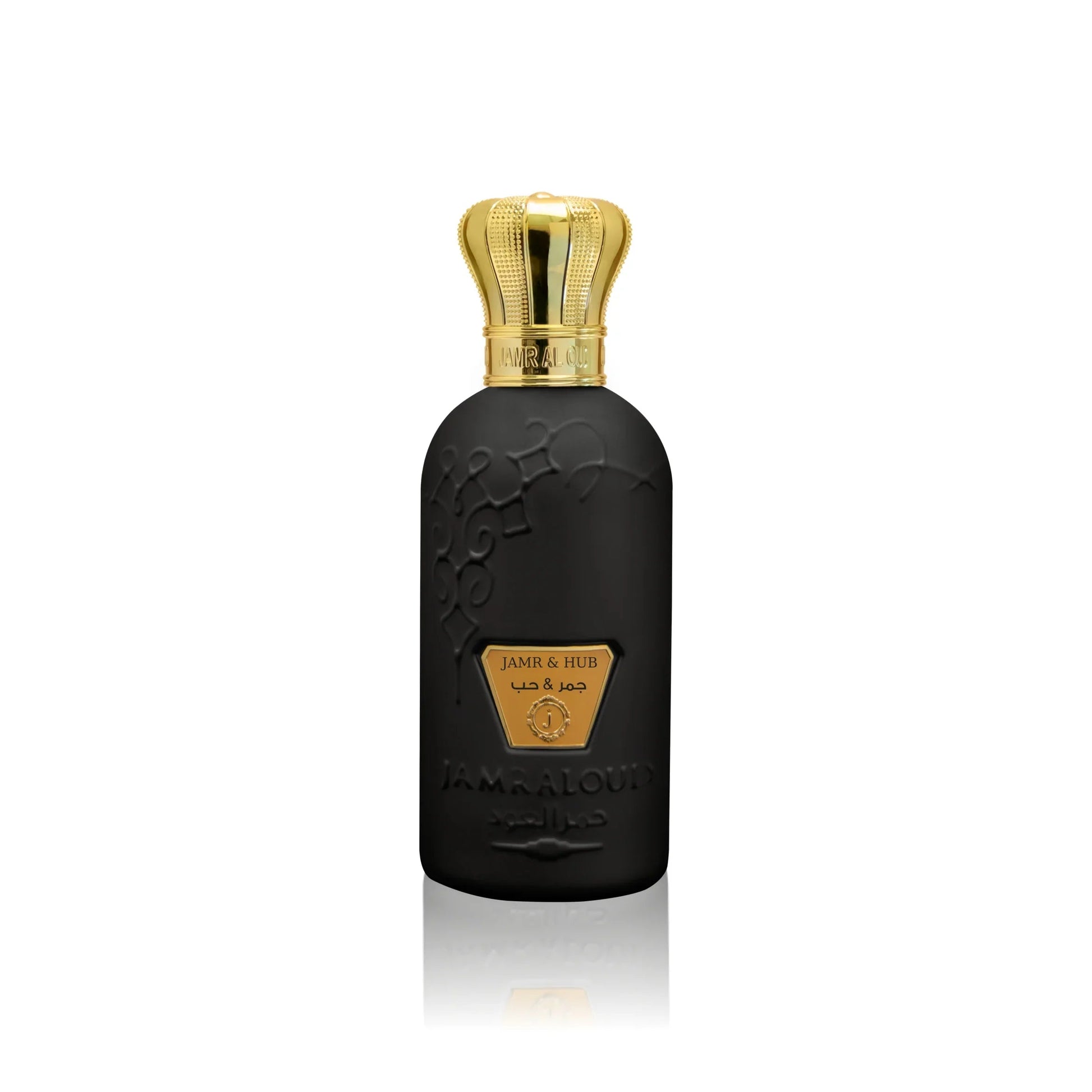 Jamr Al Oud black perfume bottle with gold cap, luxury French oriental fragrance
