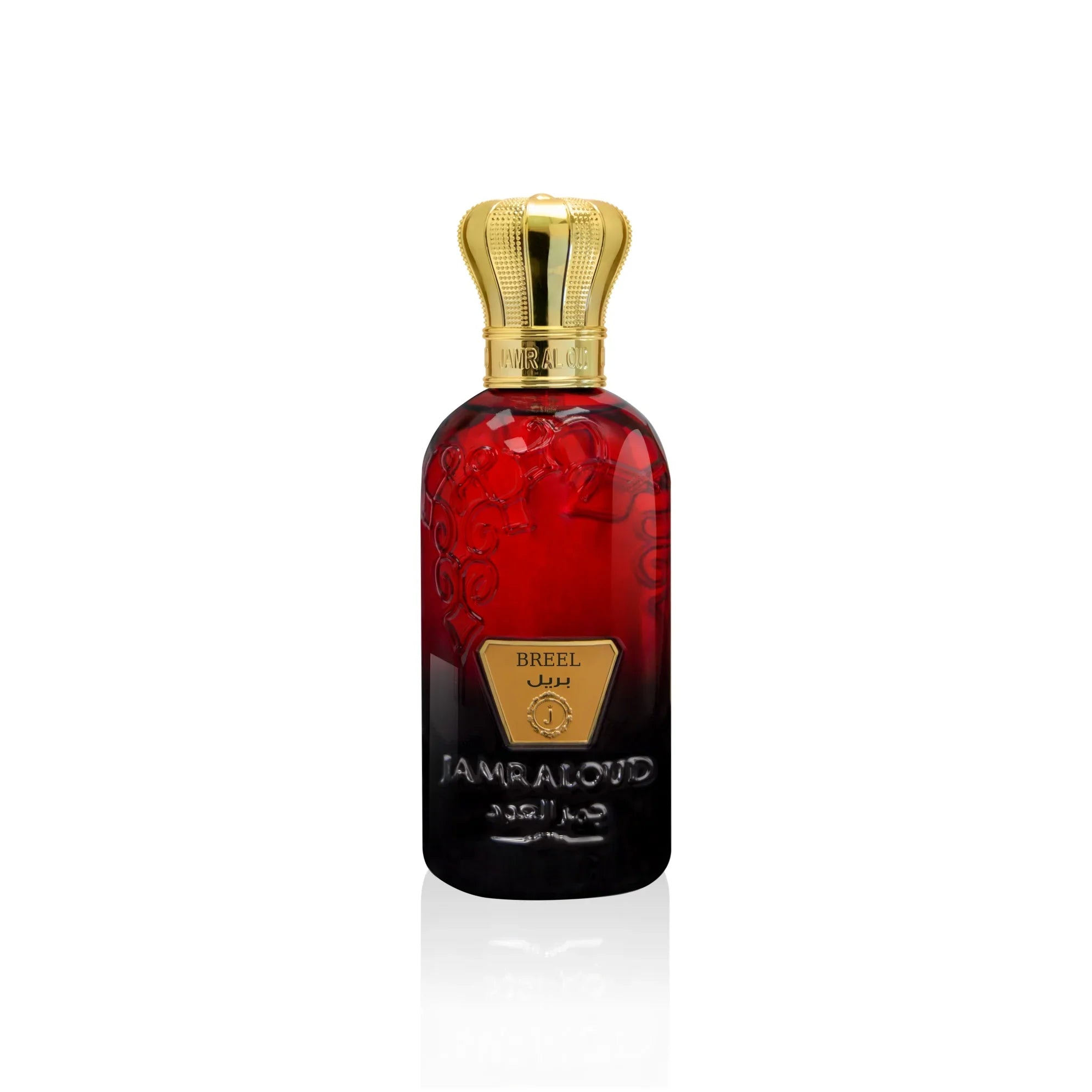 Jamr Al Oud Breel perfume bottle with gold cap and embossed red glass on white background
