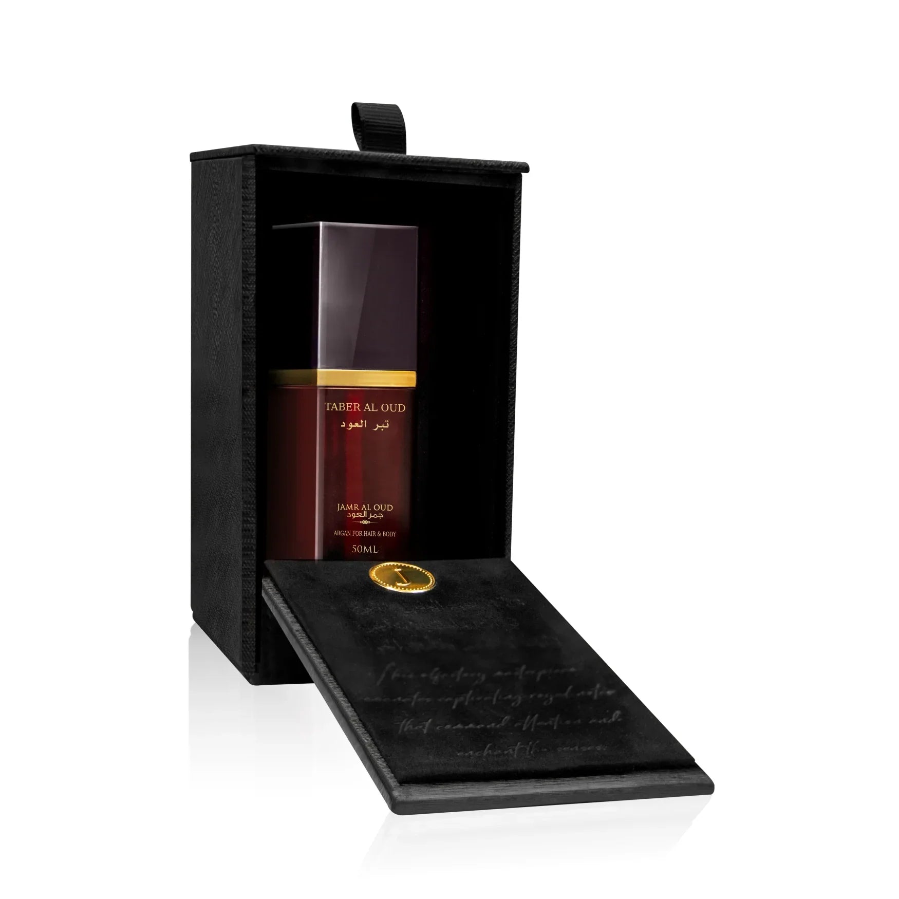 Taber Al Oud luxury perfume bottle in a black gift box by Jamr Al Oud Perfume House