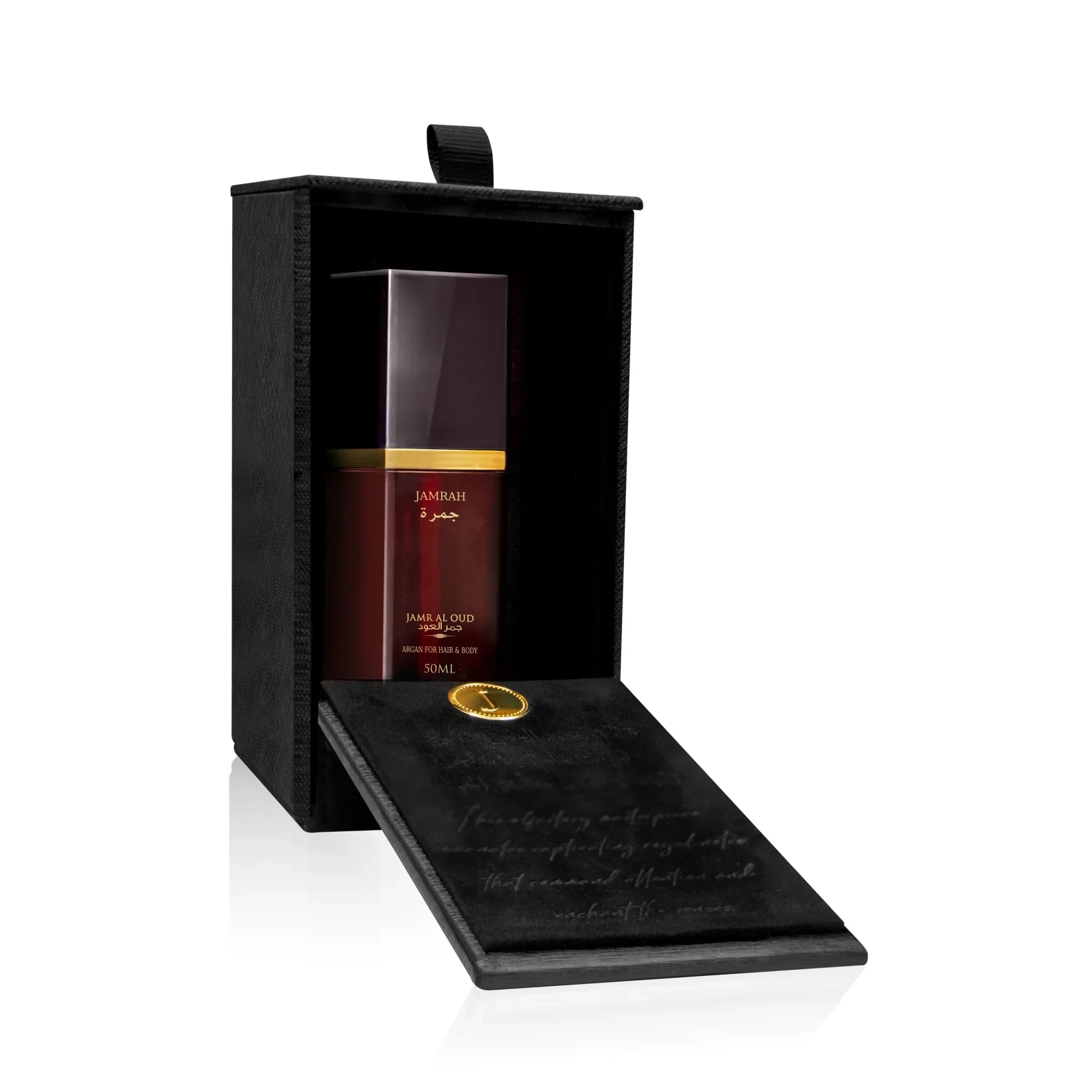 Jamrah Al Oud luxury perfume bottle in an elegant black gift box, Jamr Al Oud Perfume House.