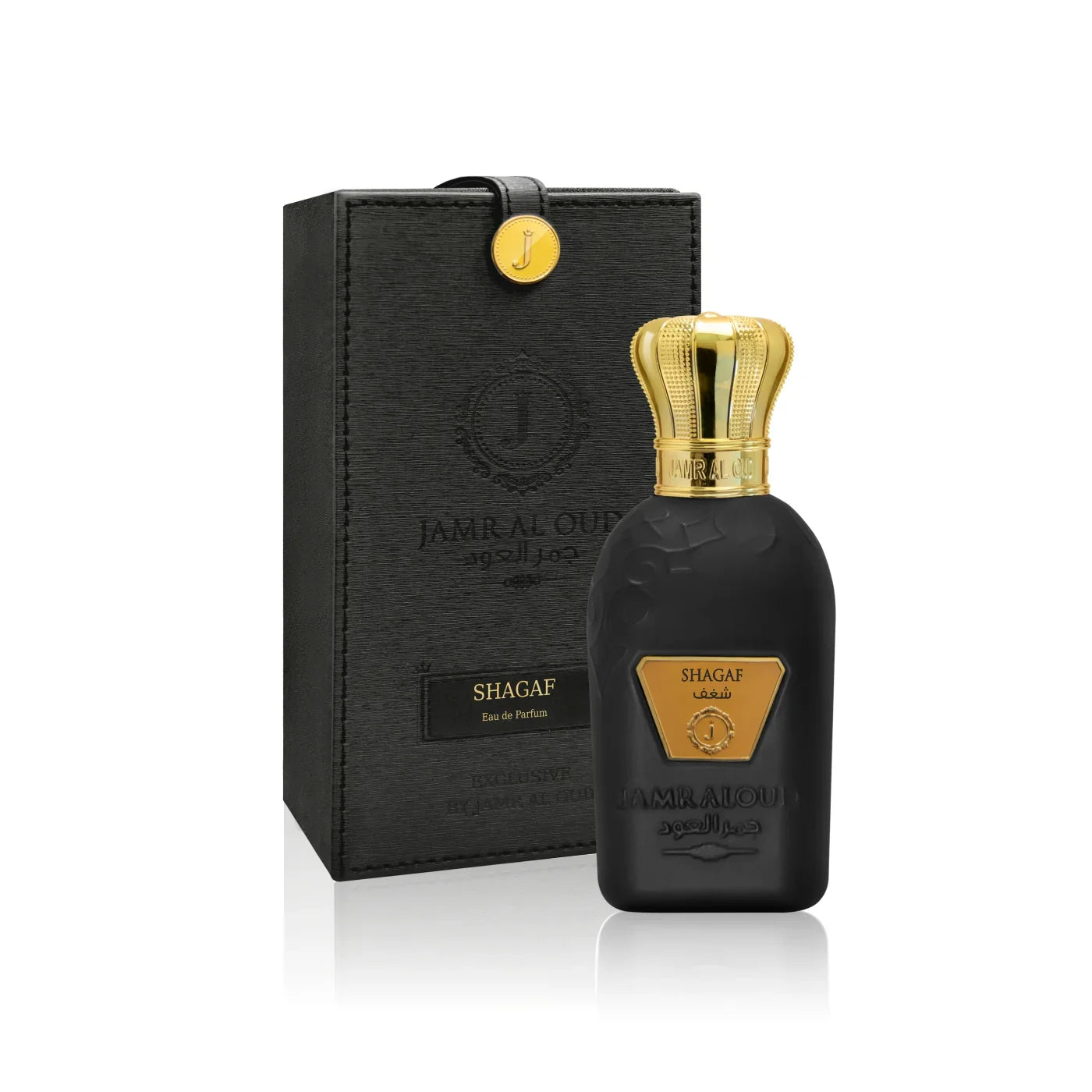 Jamr Al Oud Shagaf perfume bottle with gold cap and elegant black gift box