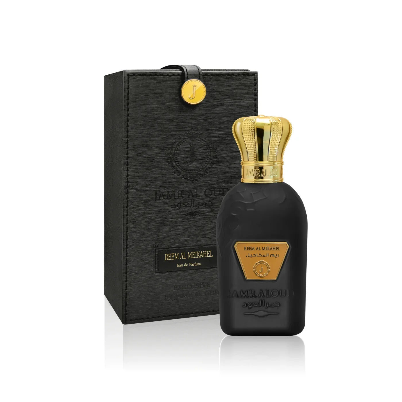 Jamr Al Oud Reem Al Meikahel perfume bottle with black and gold luxury gift box