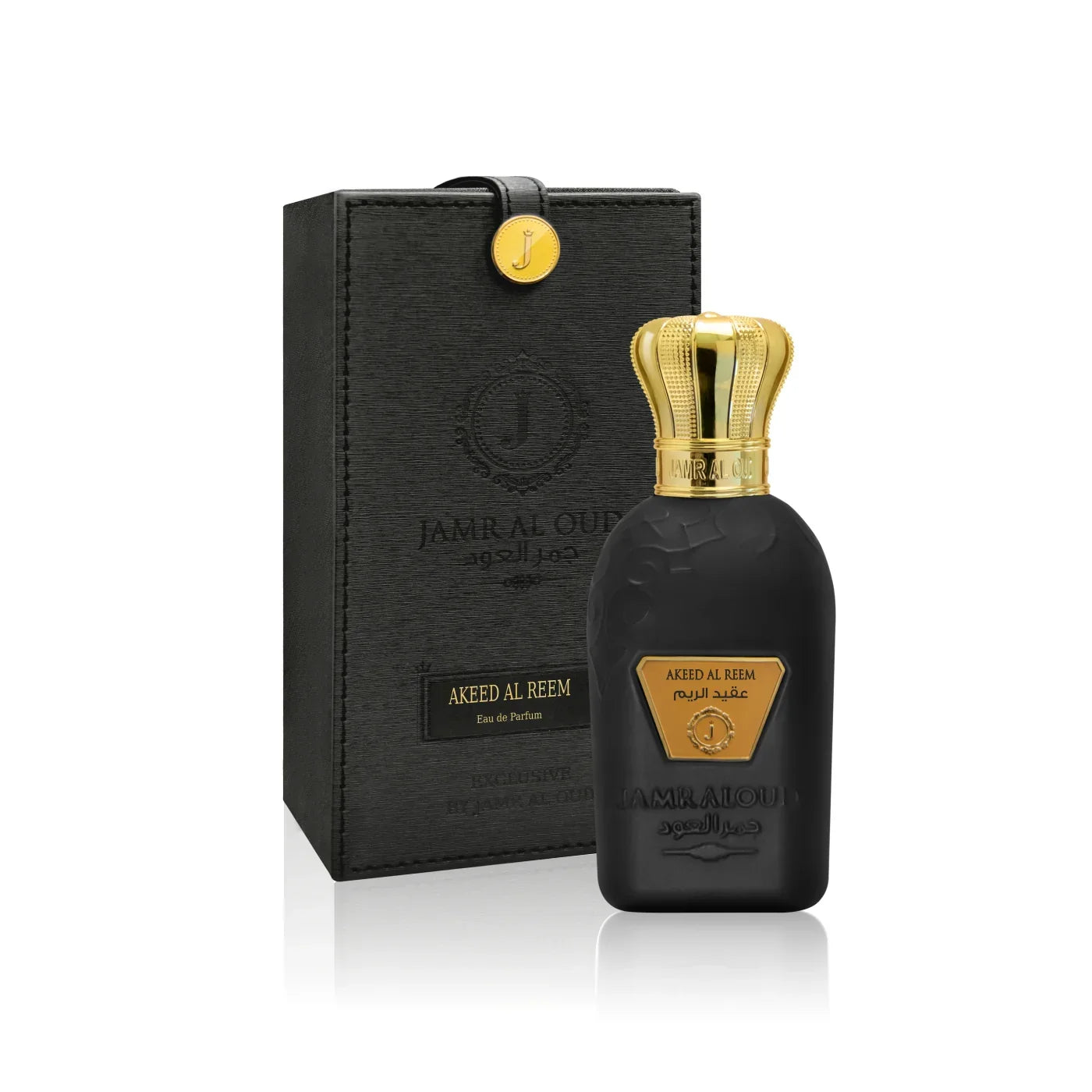 Jamr Al Oud Akeed Al Reem perfume bottle with gold cap and luxury black gift box