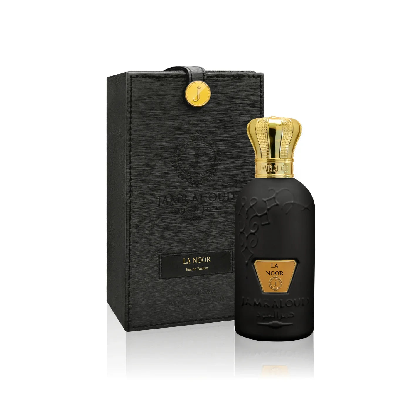 Jamr Al Oud La Noor luxury perfume bottle with elegant black and gold gift box