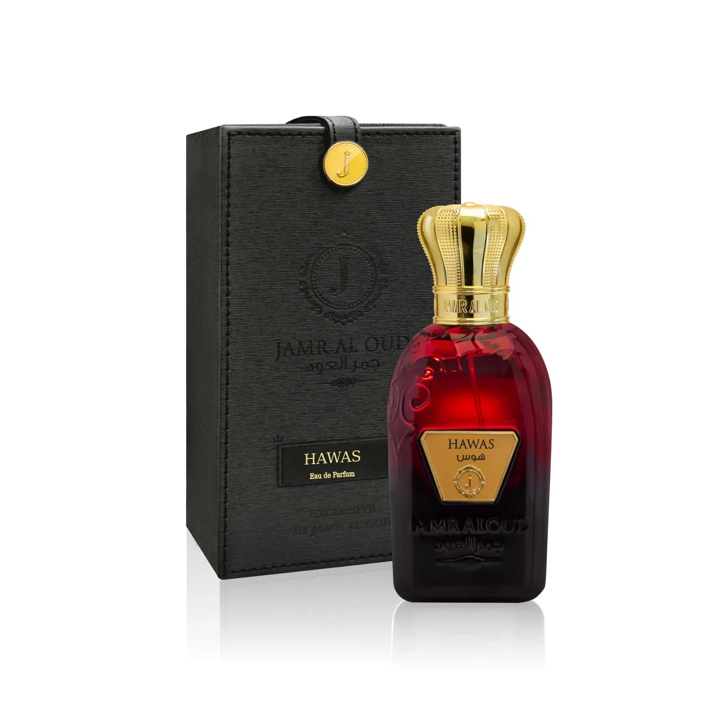 Jamr Al Oud Hawas perfume bottle with gold cap beside a black luxury gift box