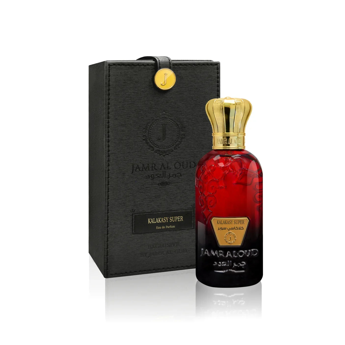 Jamr Al Oud Kalakasy Super red perfume bottle with gold cap and luxury black gift box