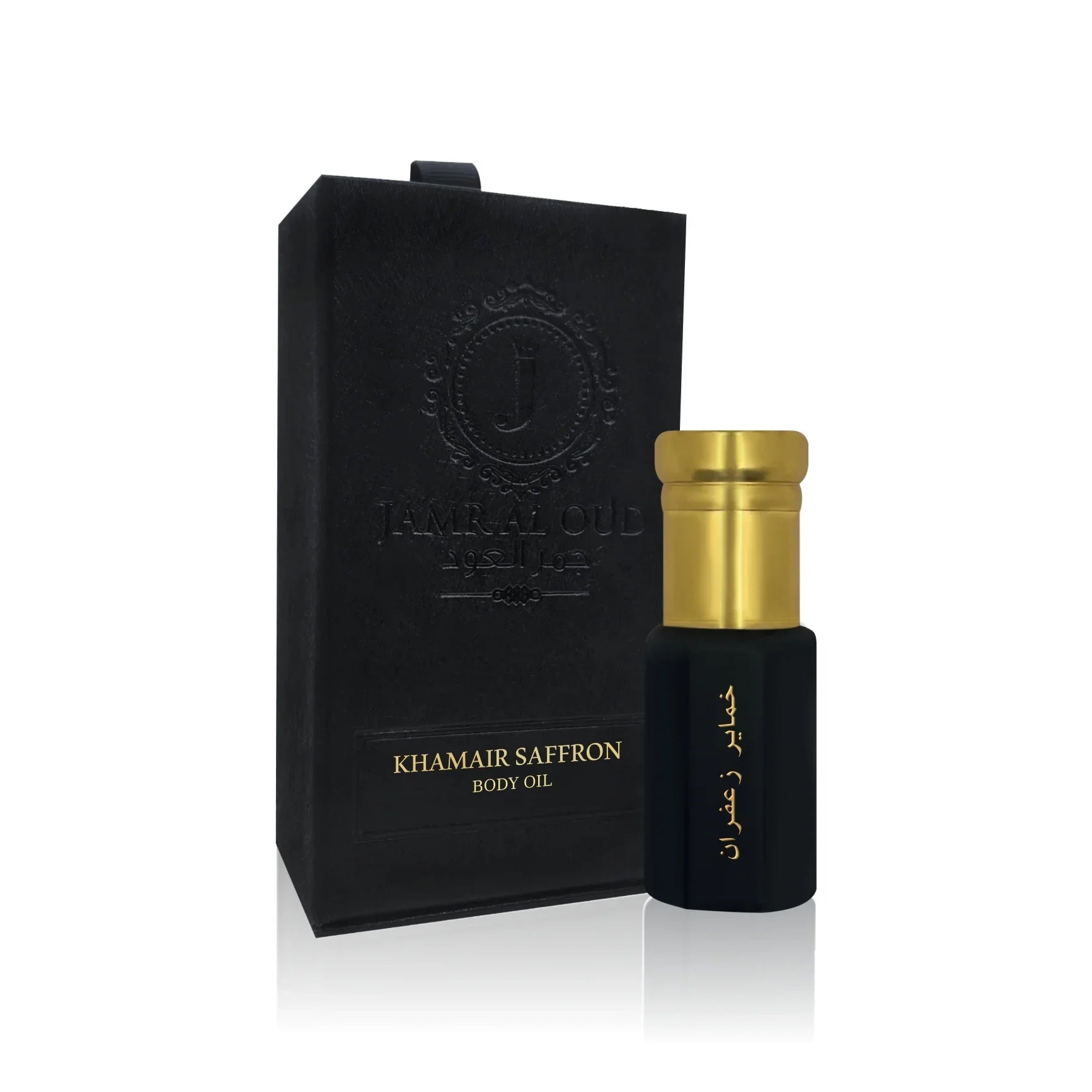 Khamair Saffron body oil by Jamr Al Oud with luxury black and gold packaging.