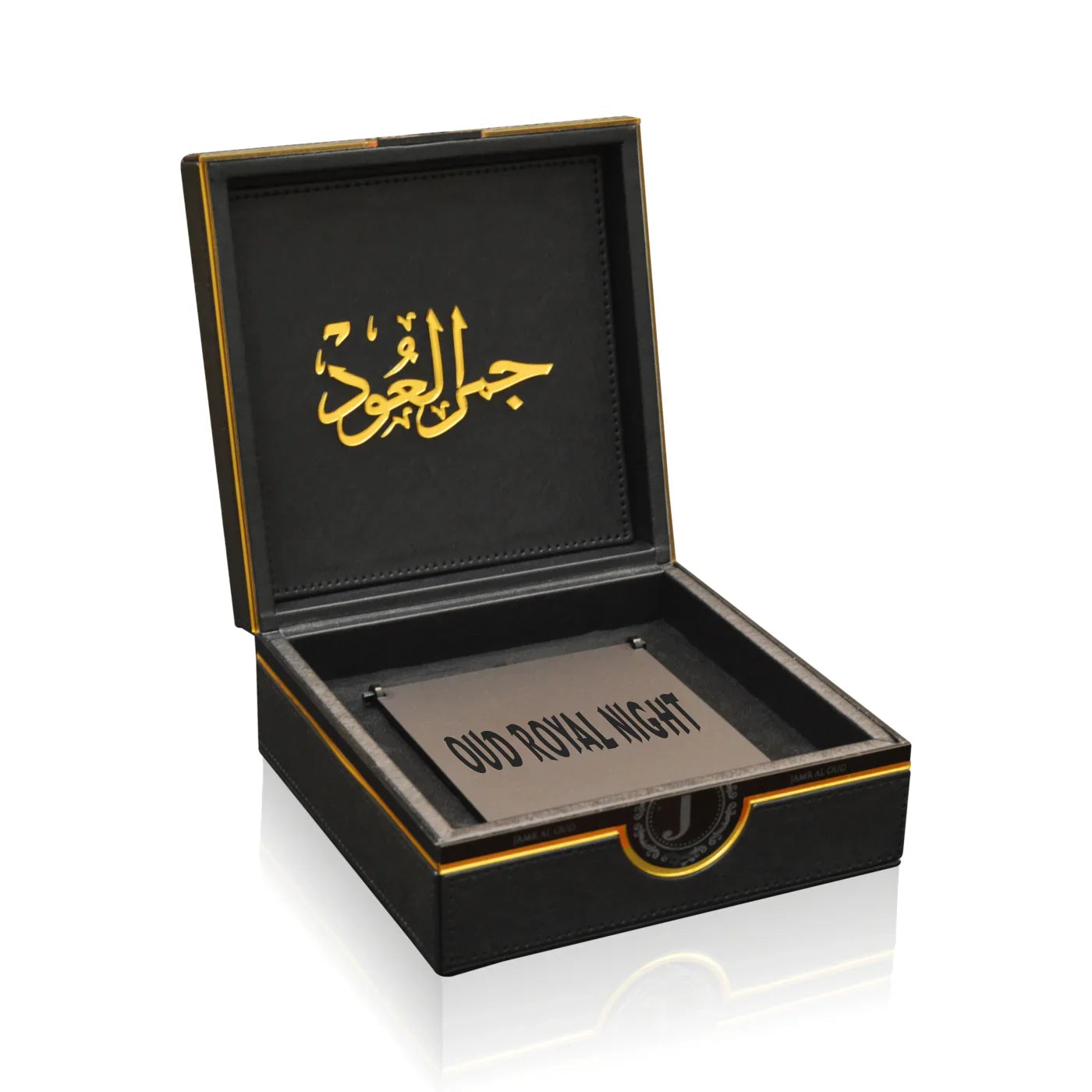 Luxury JAMR AL OUD OUD ROYAL NIGHT perfume gift box with gold Arabic script and elegant black design