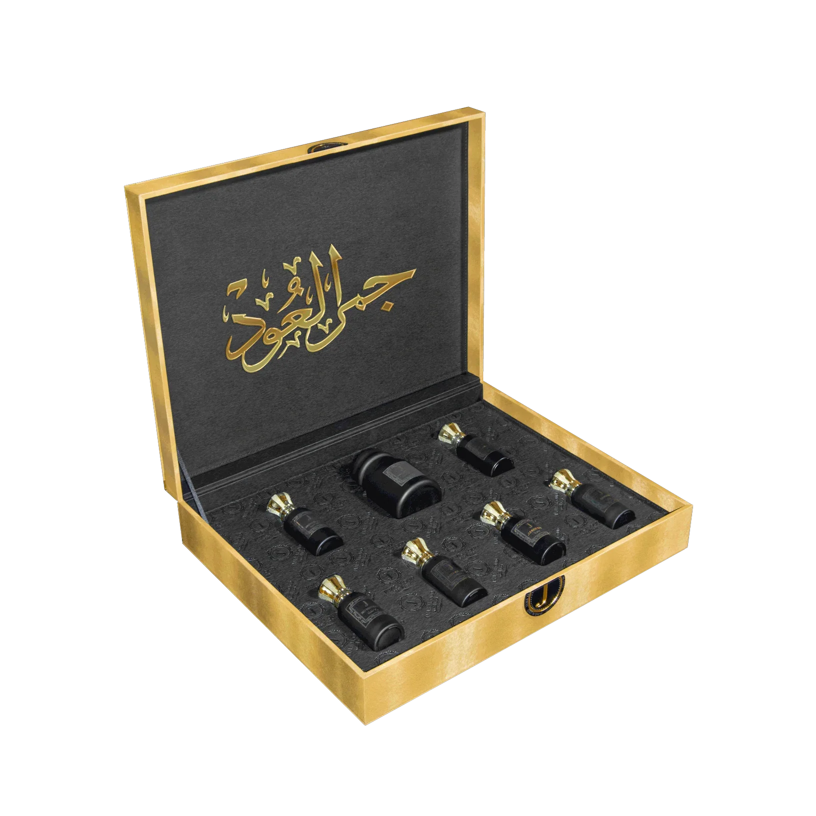Luxury Jamr Al Oud Perfumes gift box with black and gold perfume bottles displayed