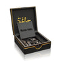 Luxury oud wood gift box from Jamr Al Oud Perfume House with elegant black and gold design