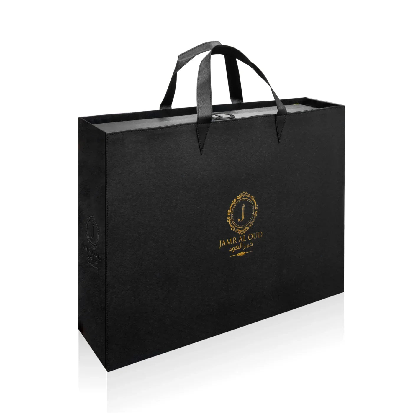 Elegant black JAMR AL OUD gift bag with gold logo, luxury perfume packaging