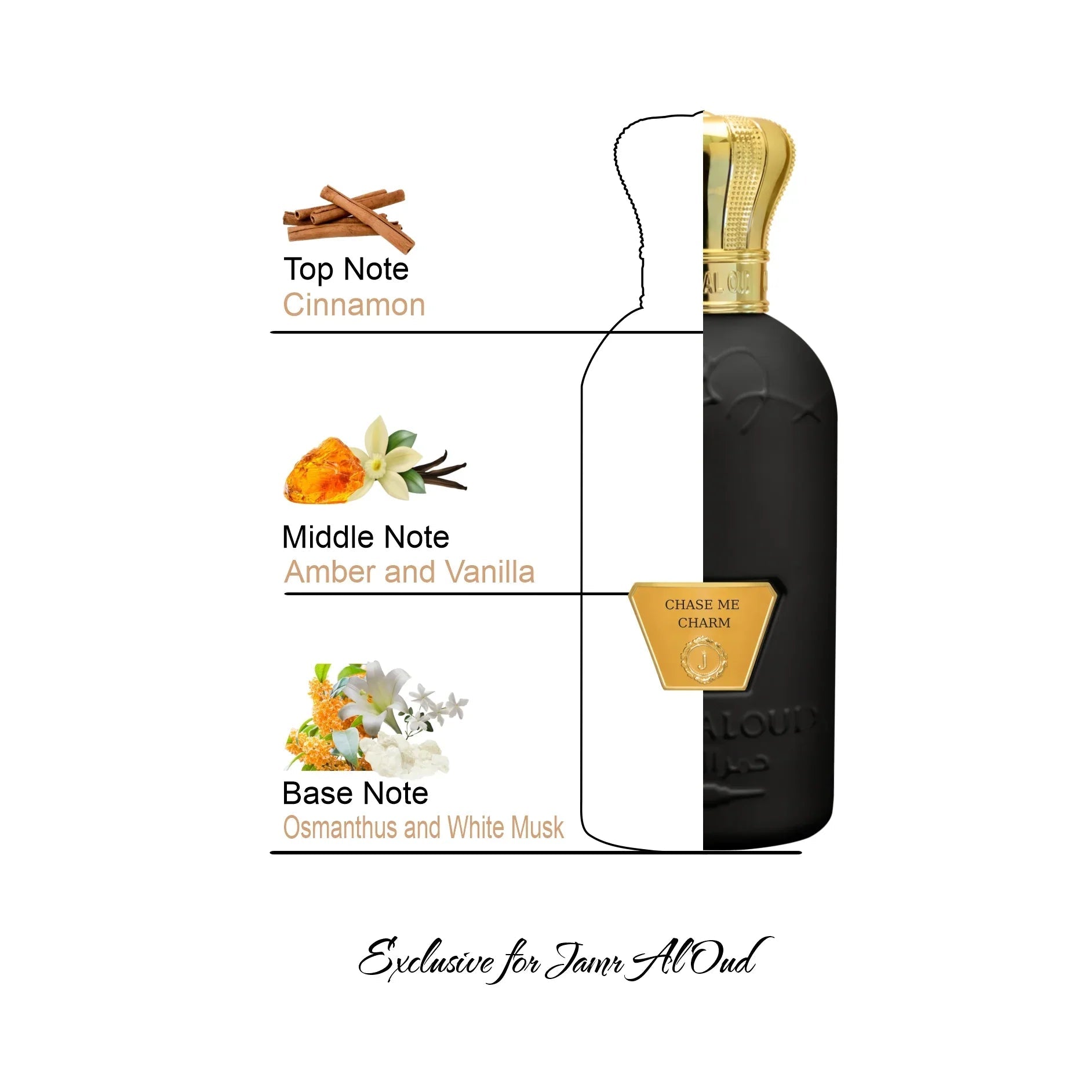 Chase Me Charm perfume bottle by Jamr Al Oud with notes of cinnamon, amber, vanilla, osmanthus, and white musk.