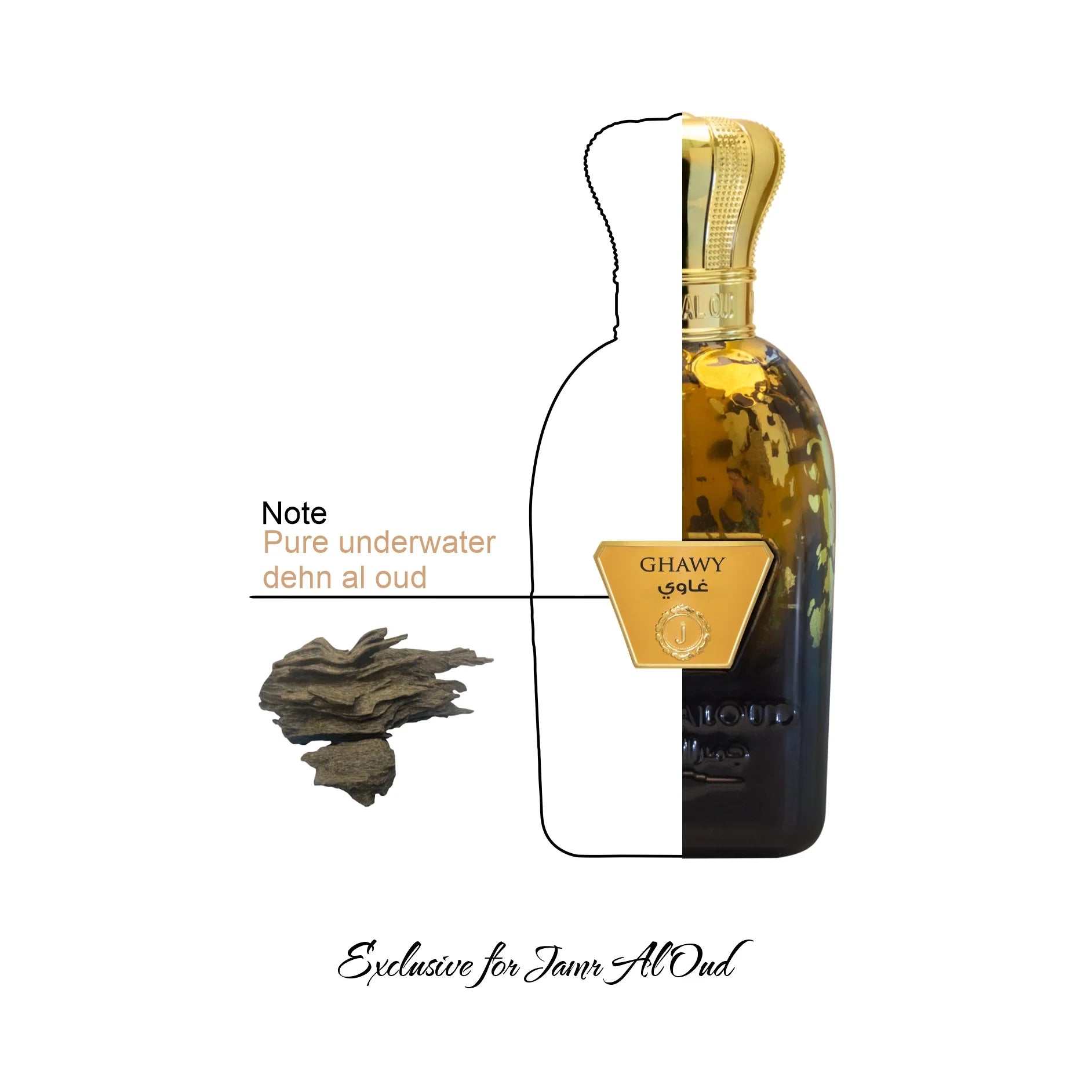 GHAWY perfume bottle with gold cap and label, oud wood, exclusive to Jamr Al Oud Perfumes