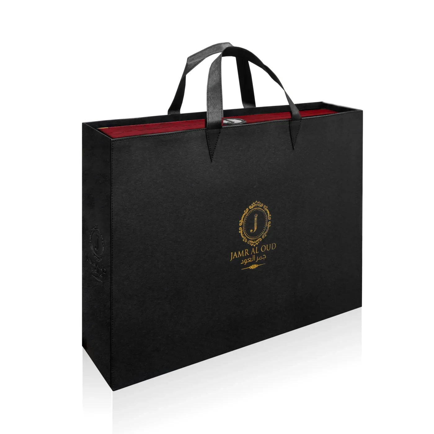 Luxury black JAMR AL OUD perfume gift bag with gold logo and maroon interior