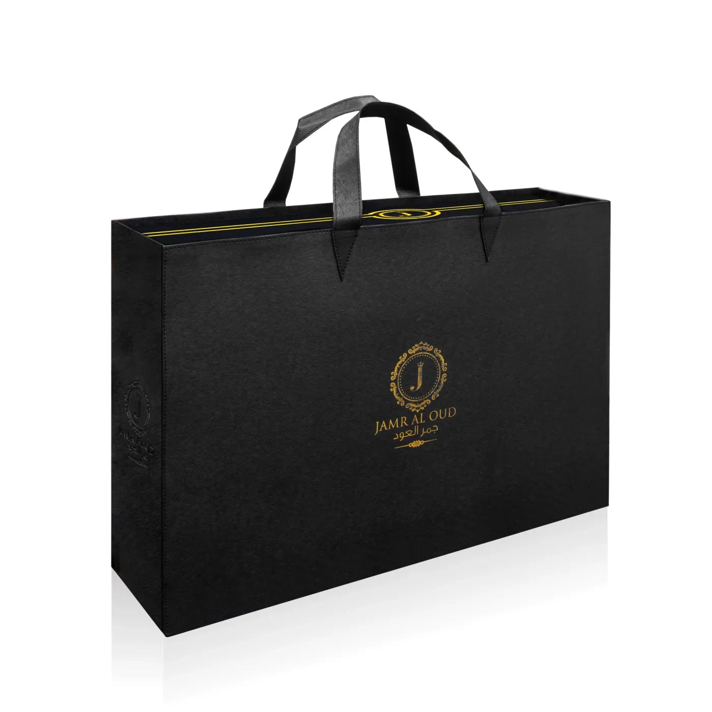Elegant black Jamr Al Oud perfume gift box with gold logo and handles