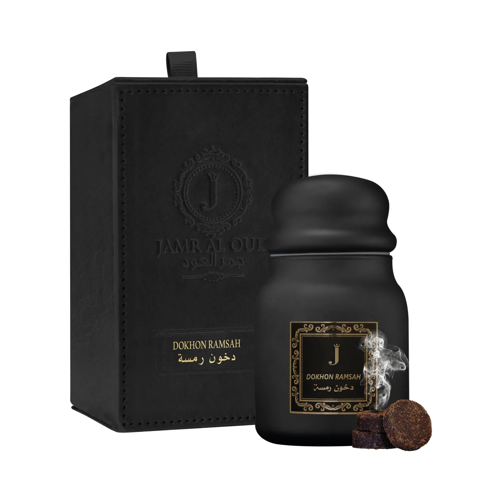 Jamr Al Oud Dokhon Ramsah luxury black gift box and jar with incense pieces and smoke