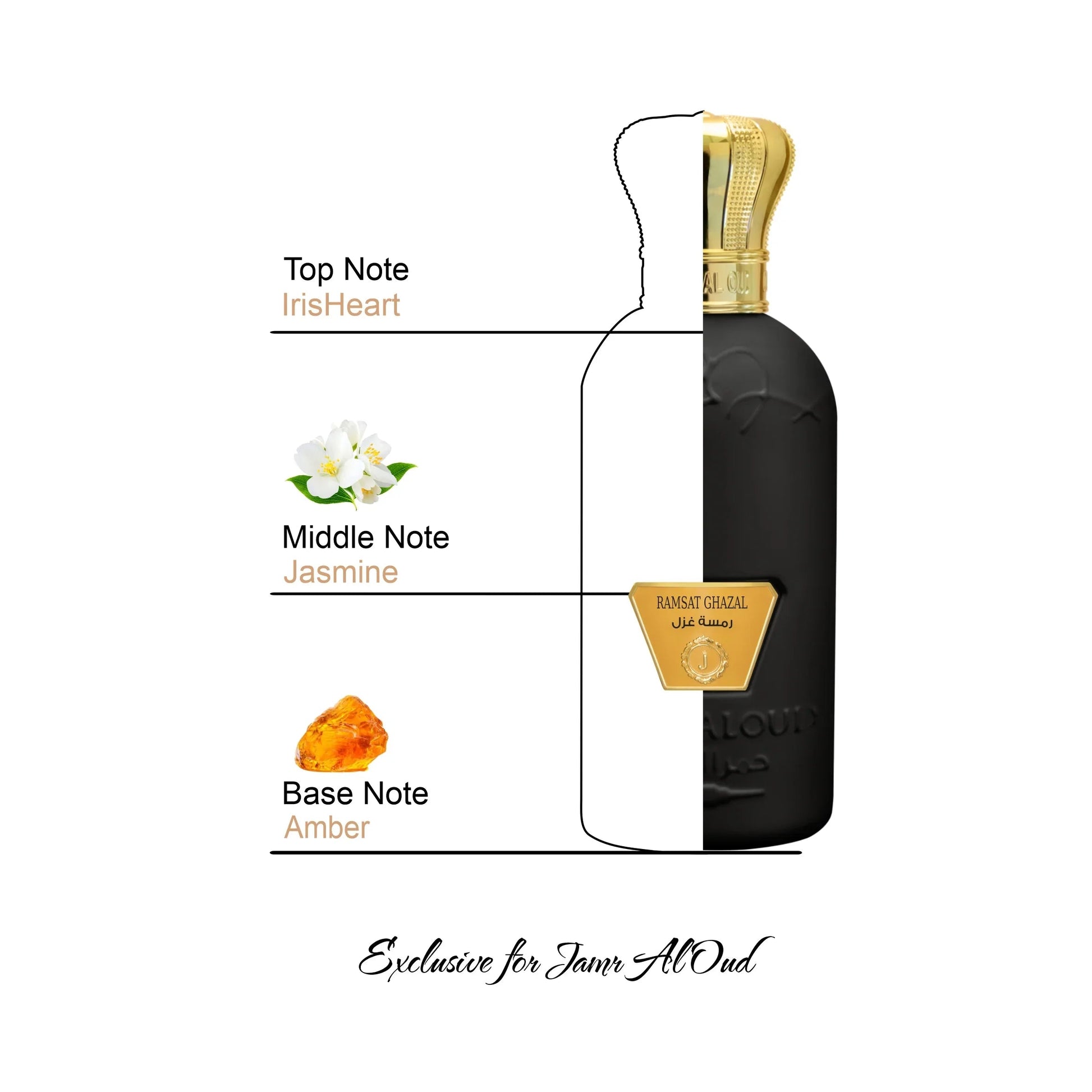 Ramsat Ghazal perfume bottle by Jamr Al Oud, with iris, jasmine, and amber notes illustrated.