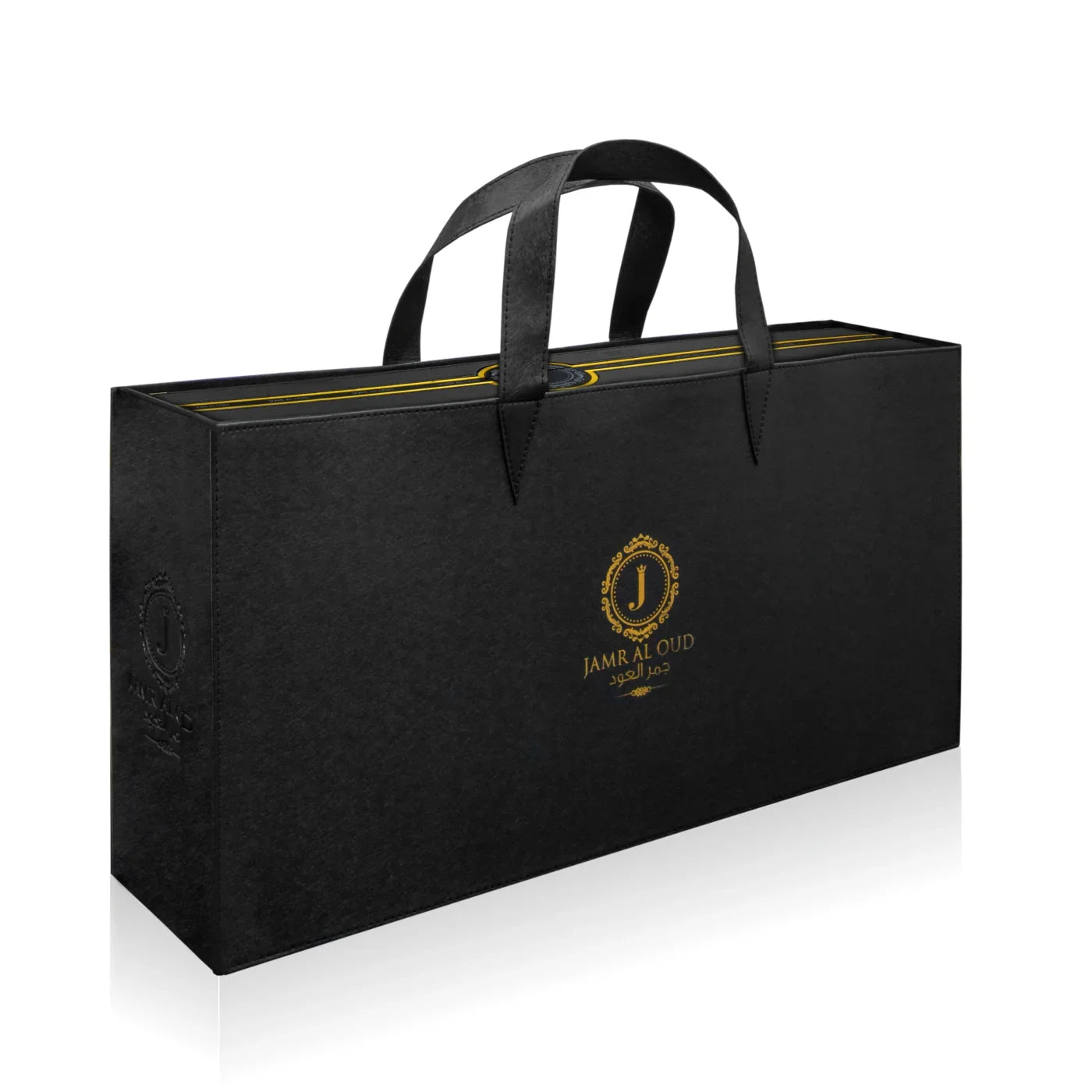 Luxury Jamr Al Oud Perfumes black gift bag with gold logo and handles, elegant packaging