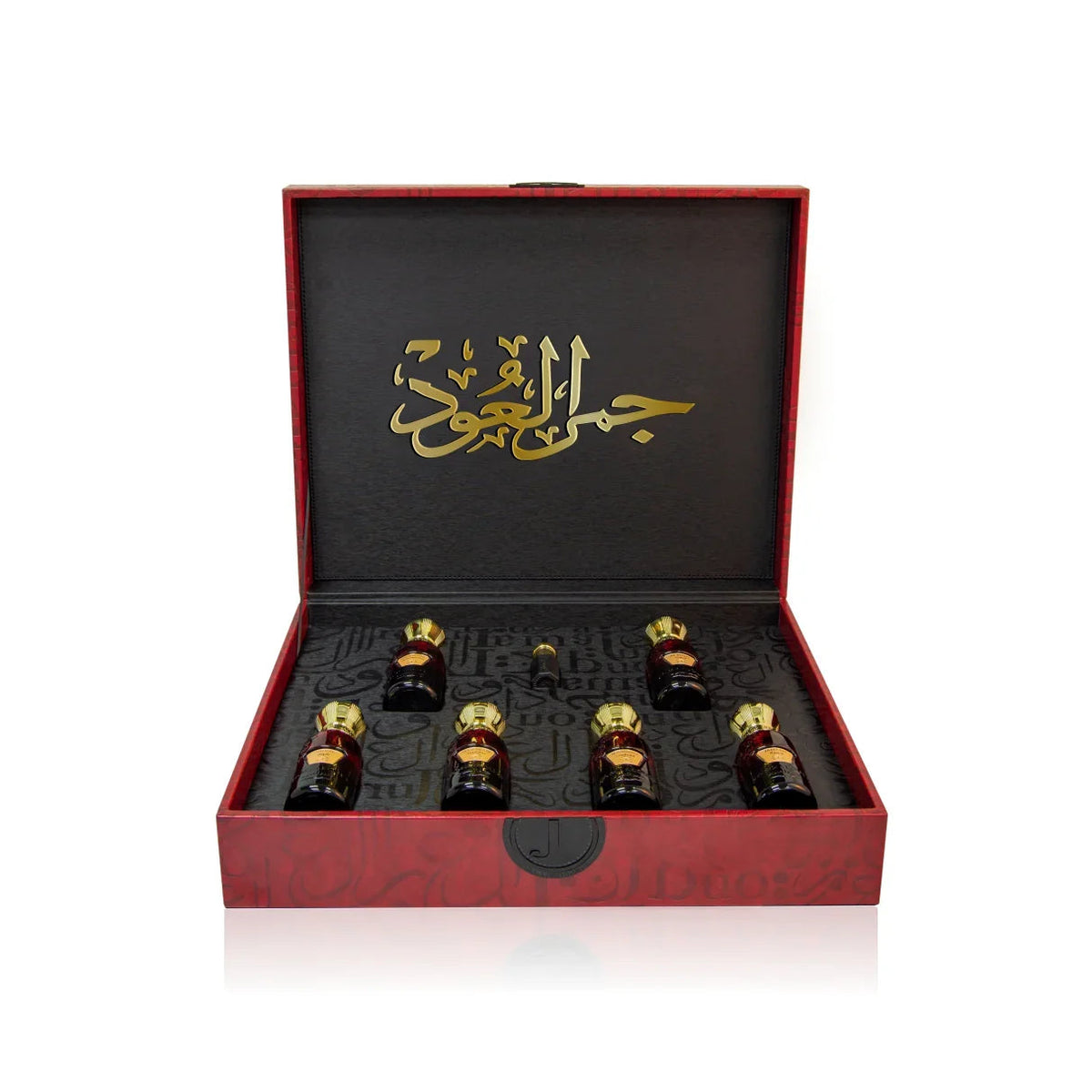 Al Mayas Elite Perfume Gift Box by Jamr Al Oud, burgundy gift box open to show the fixed fragrance assortment.