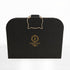 Al Mayas Selection Perfume Gift Box by Jamr Al Oud, black leather carry case with a shaped handle and gold Jamr Al Oud logo.