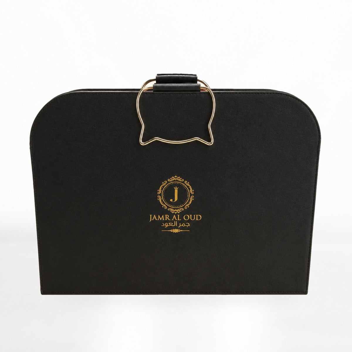 Al Mayas Selection Perfume Gift Box by Jamr Al Oud, black leather carry case with a shaped handle and gold Jamr Al Oud logo.