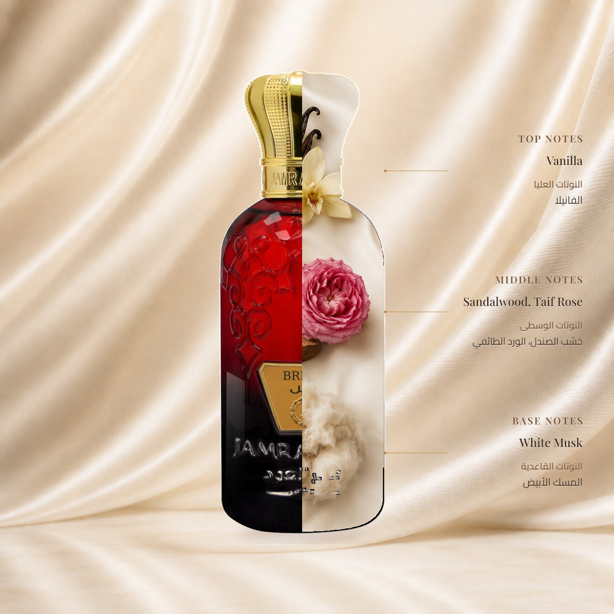 Breel Perfume by Jamr Al Oud, fragrance notes illustration; Top: Vanilla; Heart: Sandalwood, Taif Rose; Base: White Musk.