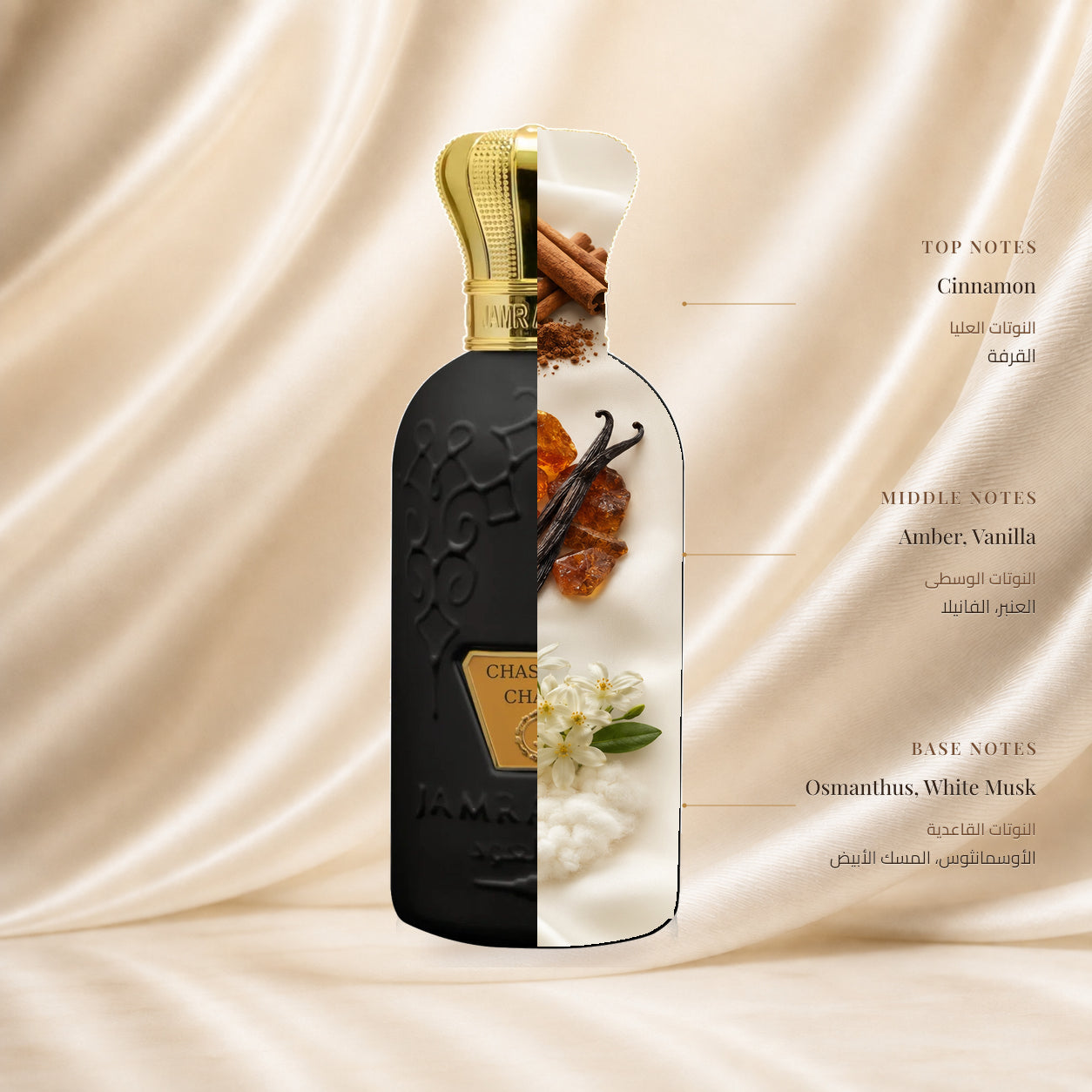 Chase Me Charm Perfume by Jamr Al Oud, fragrance notes illustration; Top: Cinnamon; Heart: Amber, Vanilla; Base: Osmanthus, White Musk.