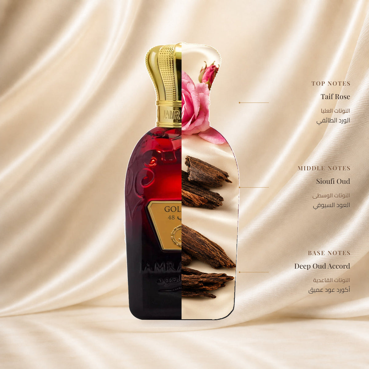Gold 48 Perfume by Jamr Al Oud, fragrance notes illustration; Top: Taif Rose; Heart: Sioufi Oud; Base: Deep Oud Accord.