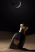 Hawwam Perfume by Jamr Al Oud, black bottle with a gold cap on sand under a crescent moon.