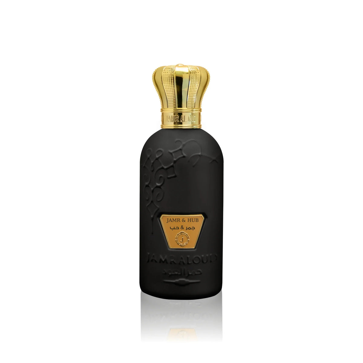 Jamr & Hub Perfume by Jamr Al Oud, perfume bottle with a gold cap.